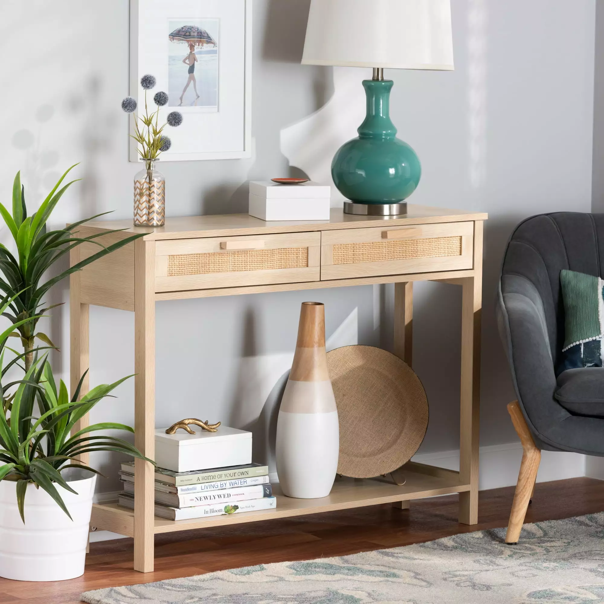 Baxton Studio Sebille Mid-Century Modern Wood Console Table Rattan and 2 Drawers Console