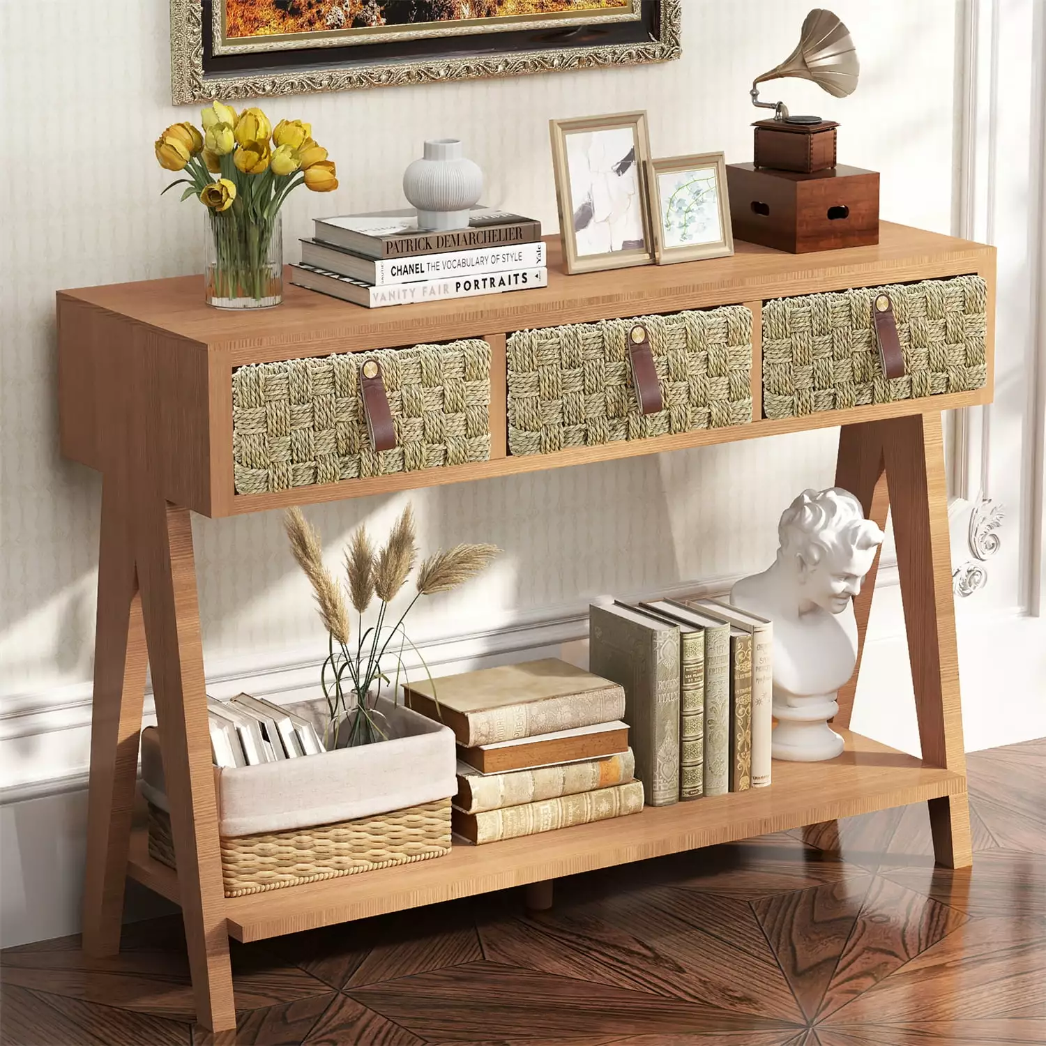 Mid Century Modern Brown Oak Console Table 3 Drawers and Open Shelf Console HOMIQUEEN