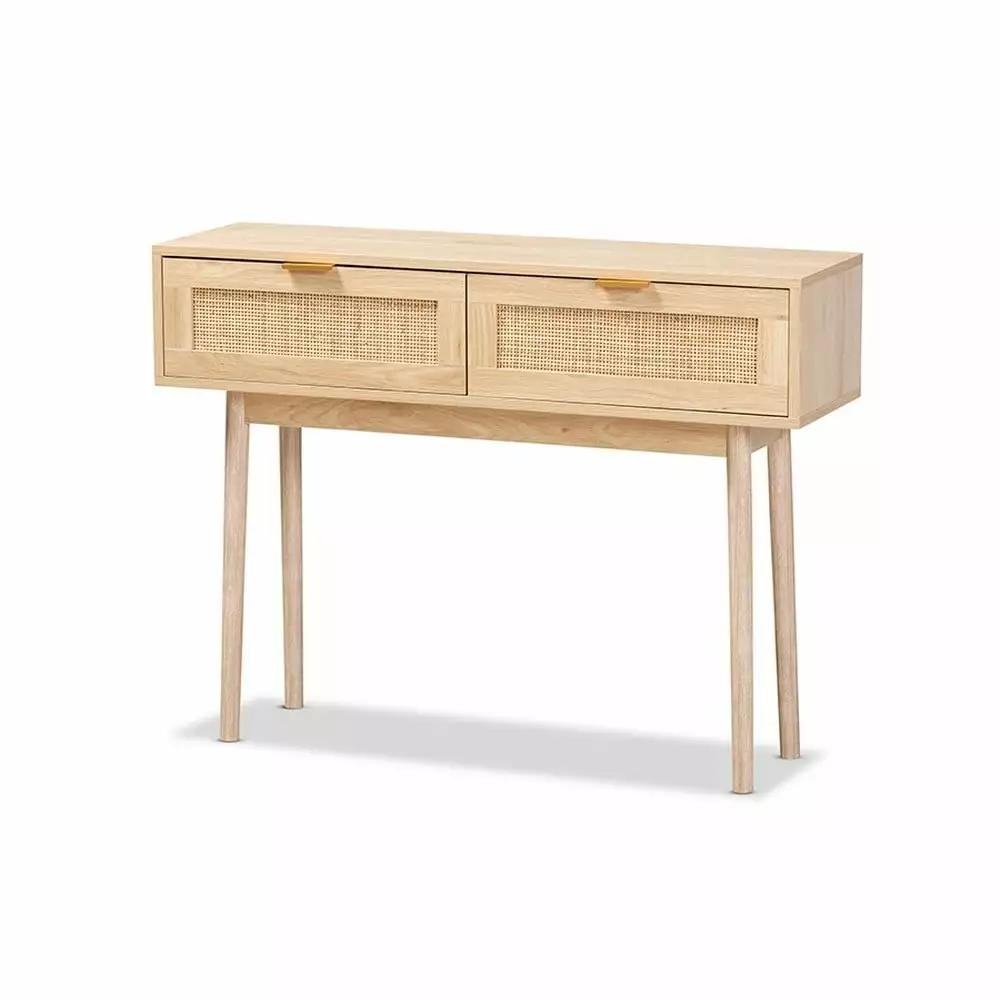 Baird Mid-Century Modern Light Oak Brown Wood Rattan 2-Drawer Console Table Console Baxton Studio