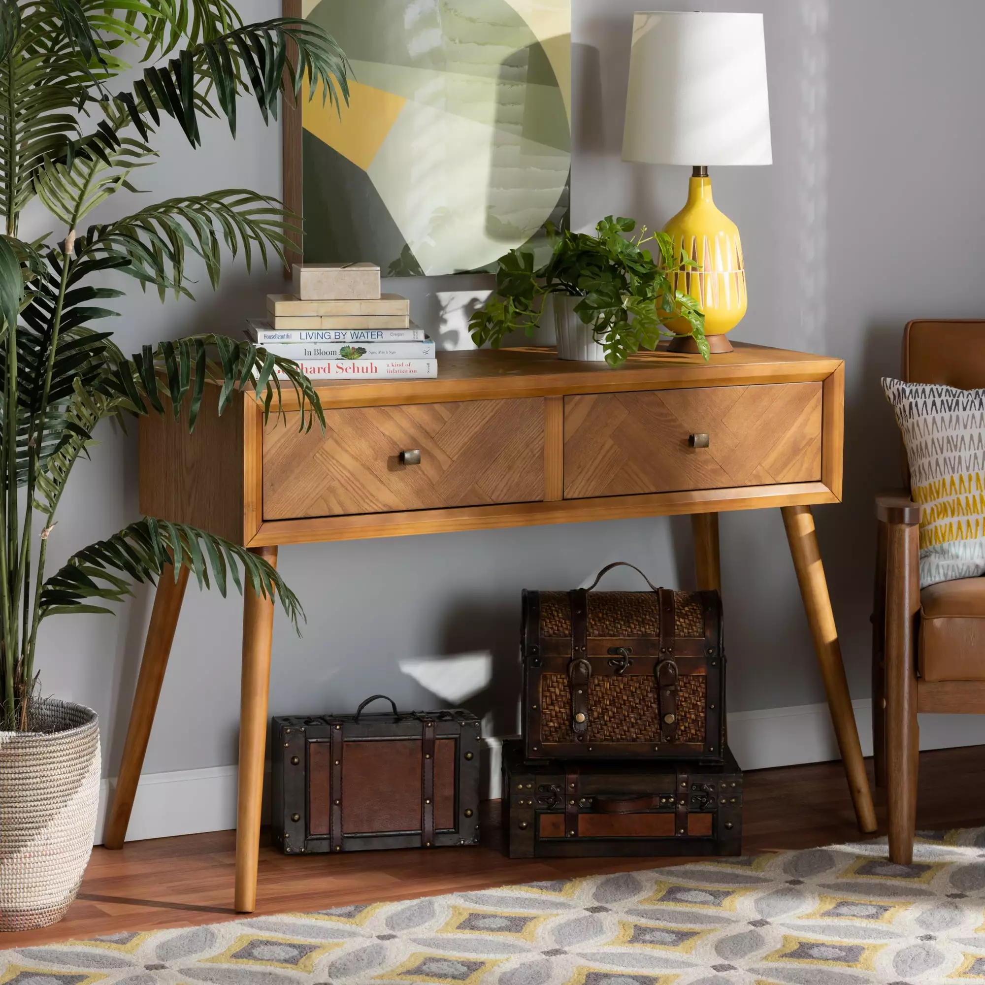 Baxton Studio Mae Mid-Century Modern 2-Drawer Wood Console Table Brown Finish Console
