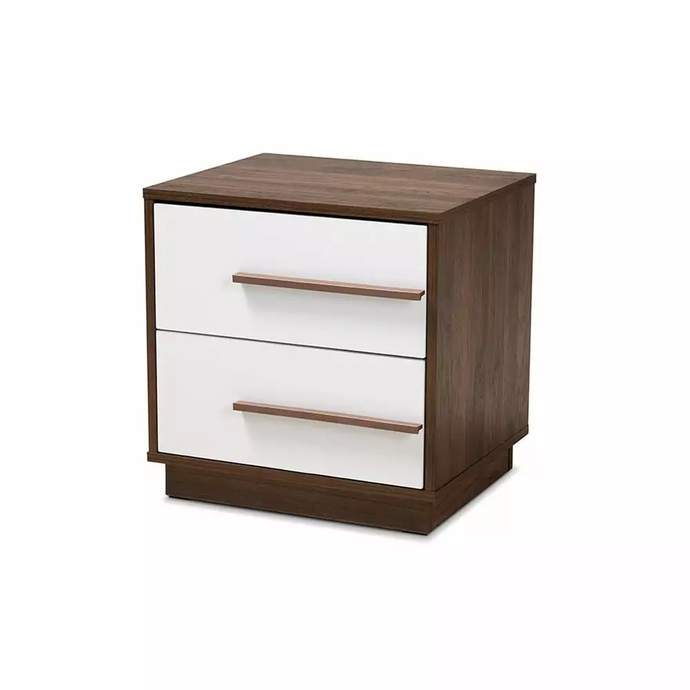 Baxton Studio Mette Mid-Century Modern Nightstand - Two-Tone White and Walnut 2-Drawer Wood Nightstand