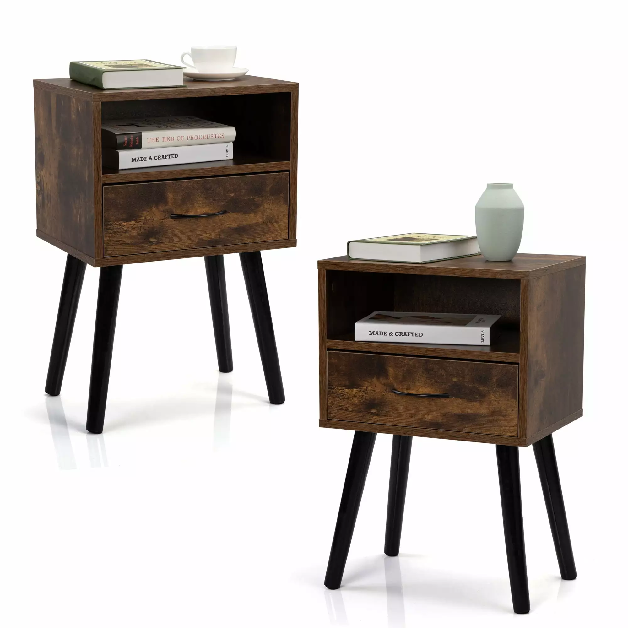 Cfowner Mid-Century Set 2 Nightstands - Sofa Side Table Open Storage and Drawer Bedroom or Living Room