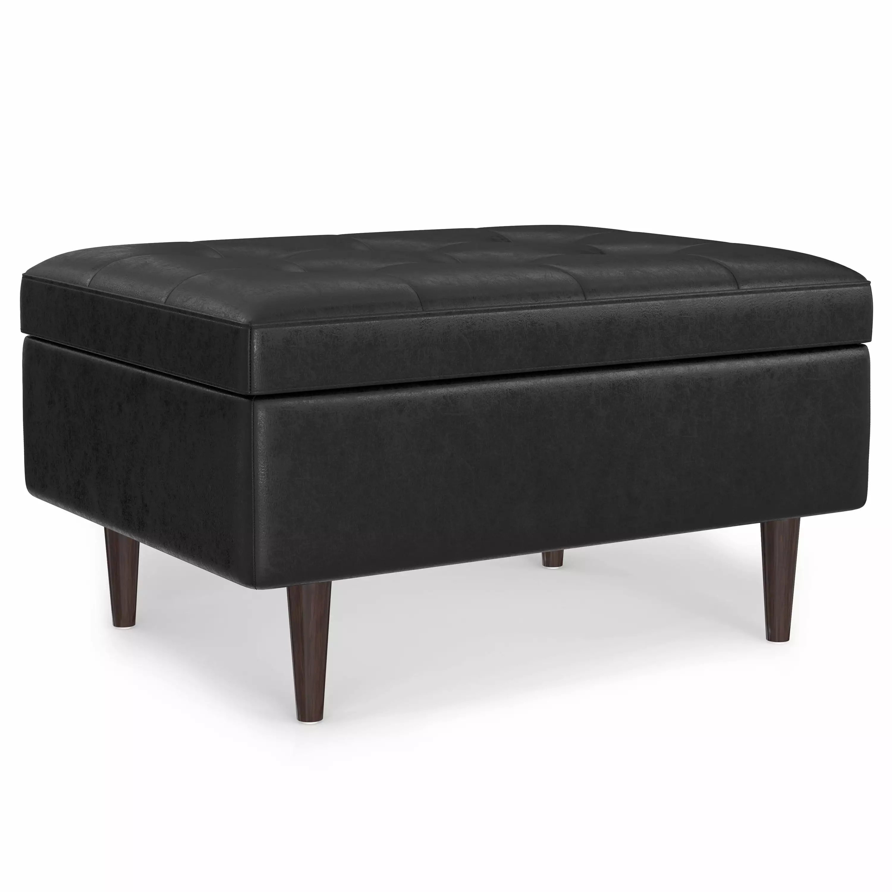 Simpli Home Shay 34 Inch Mid Century Modern Storage Ottoman - Distressed Black Vegan Faux Leather Ottomans