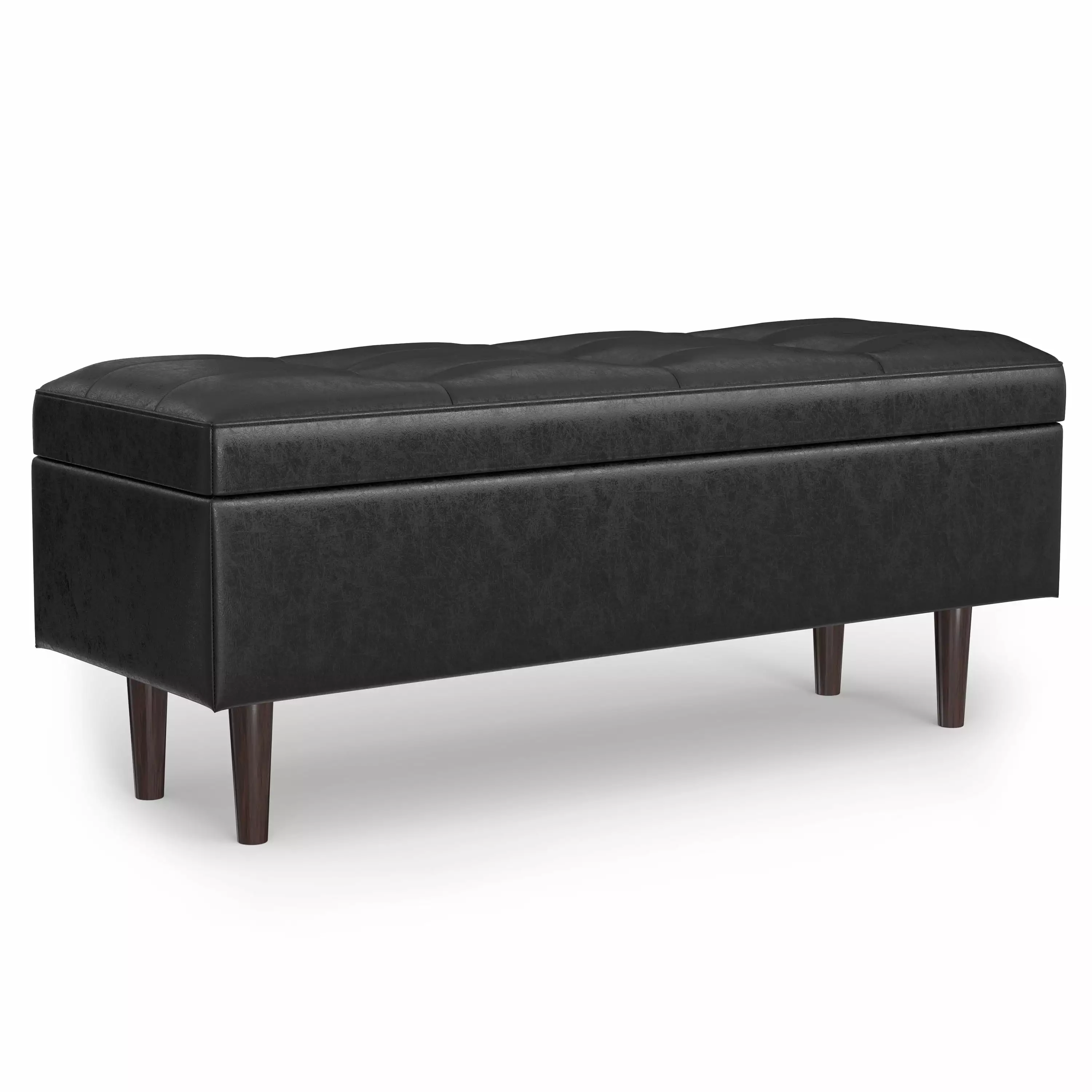 Simpli Home Shay 48 Inch Mid Century Modern Storage Ottoman - Distressed Black Vegan Faux Leather Ottomans