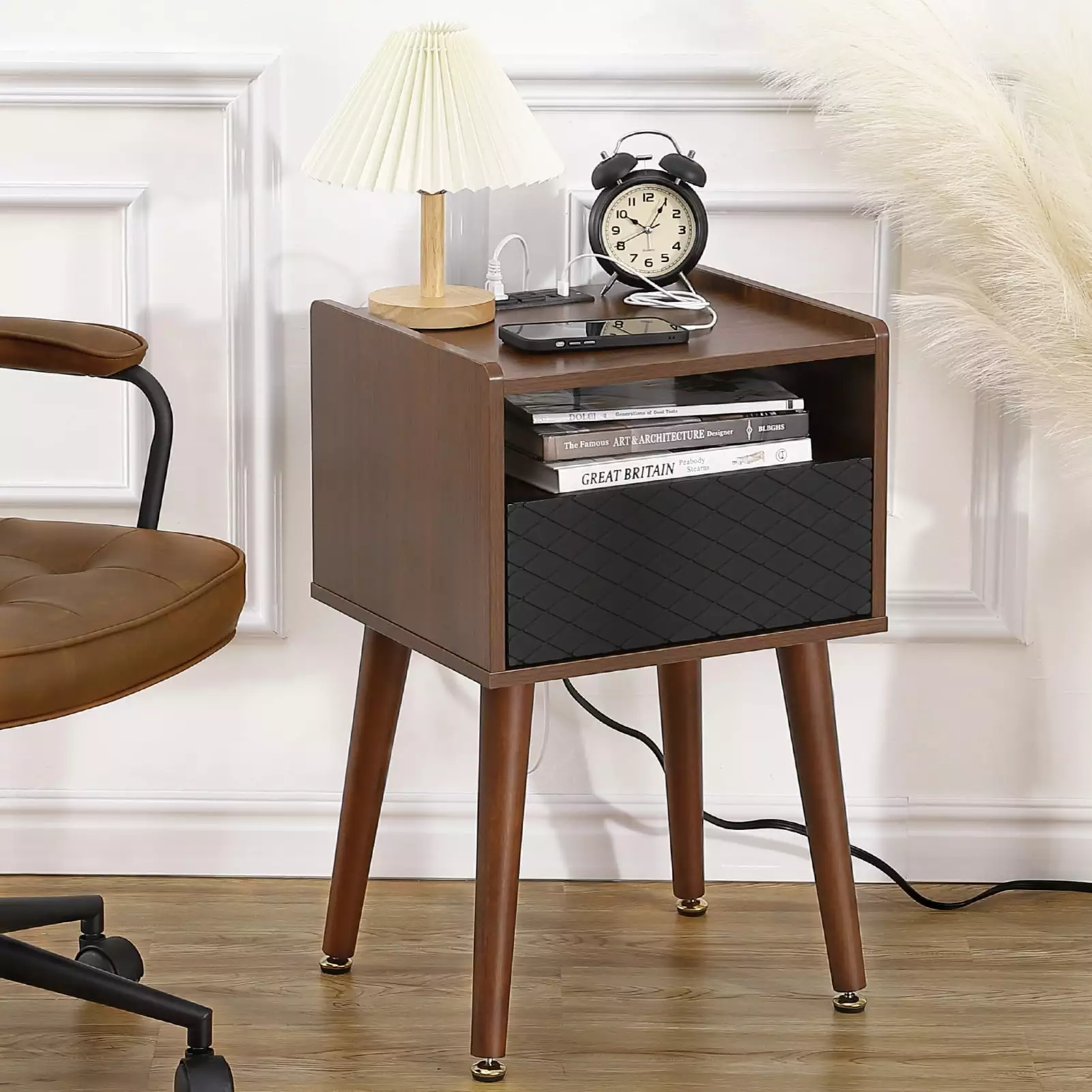Mid Century Modern Nightstand Side Table Charging Station and Drawer Walnut Hupicker