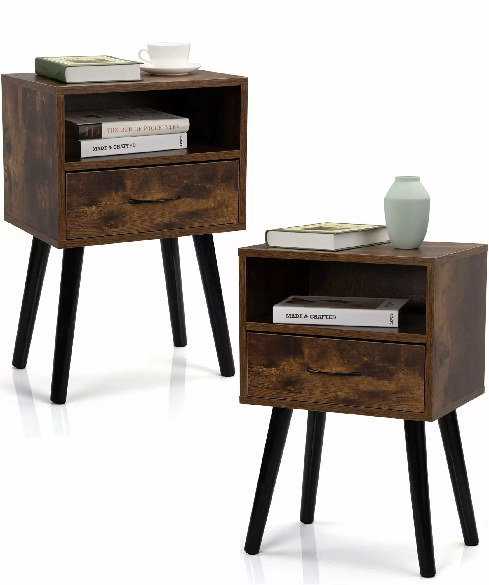 Modstyle Nightstand Set 2 Drawers Mid Century Wood Nightstand Set