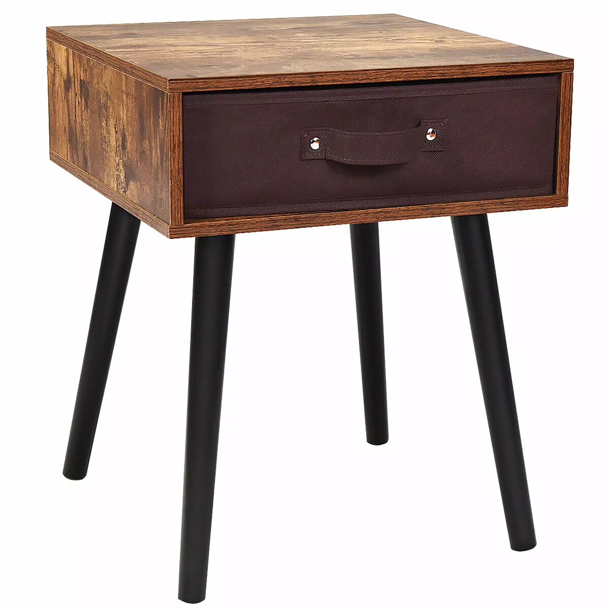Mid-Century Rustic Brown Accent Bedside Table Fabric Drawer - Modern Nightstand Costway