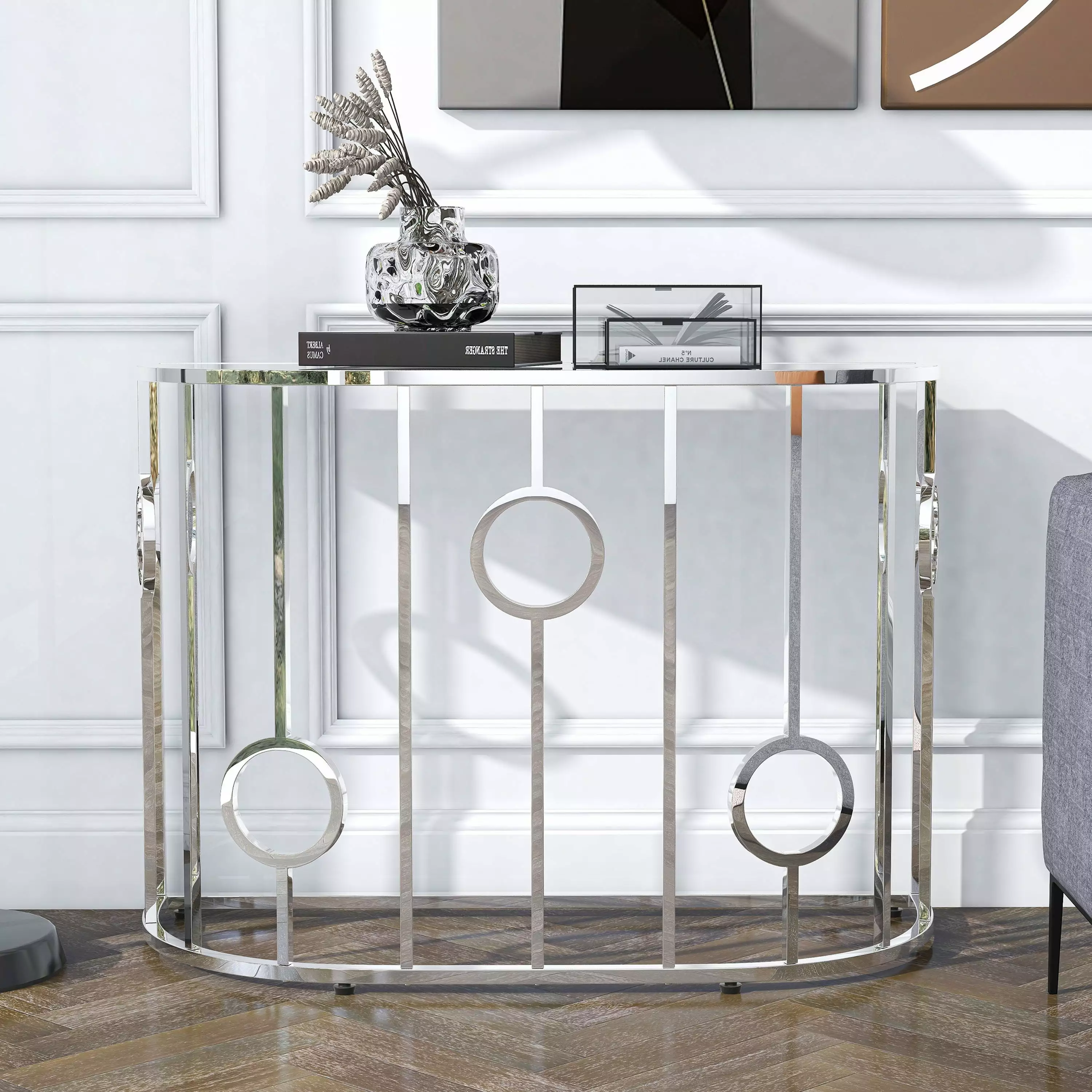 Furniture America Hoop Glam Chrome 42-inch Mirror Sofa Table Elegant Living Room Decor Console