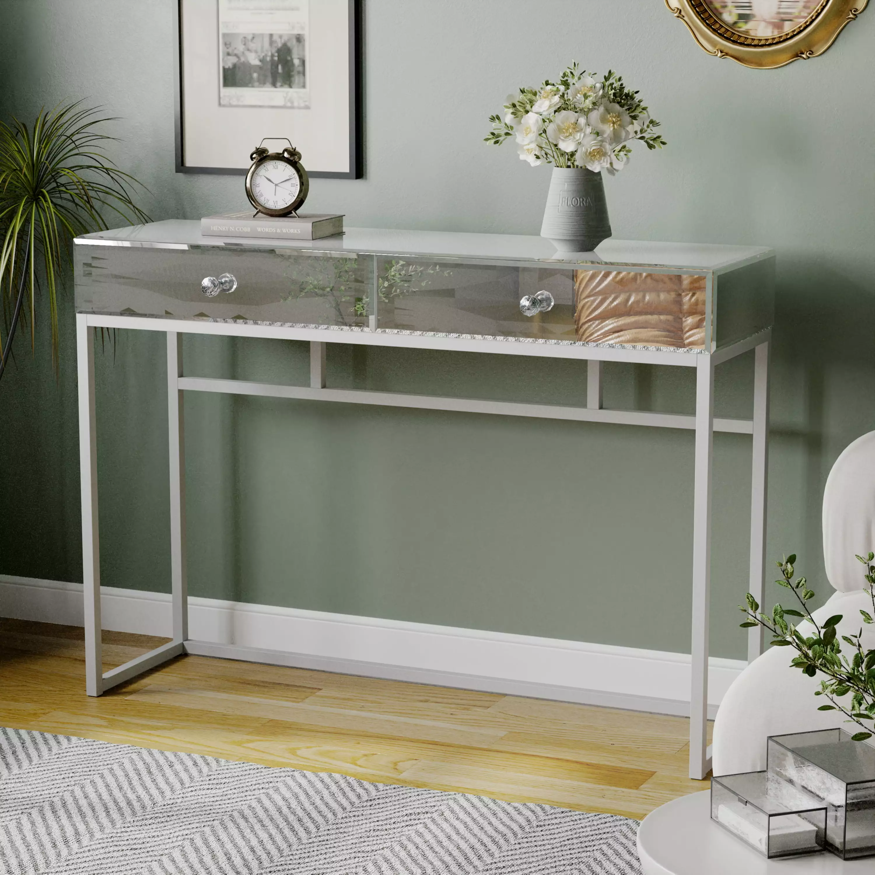 Mirrored Console Table Vanity Table 2 Drawers Entryway Silver Finish Modern Furniture Console Prime Garden
