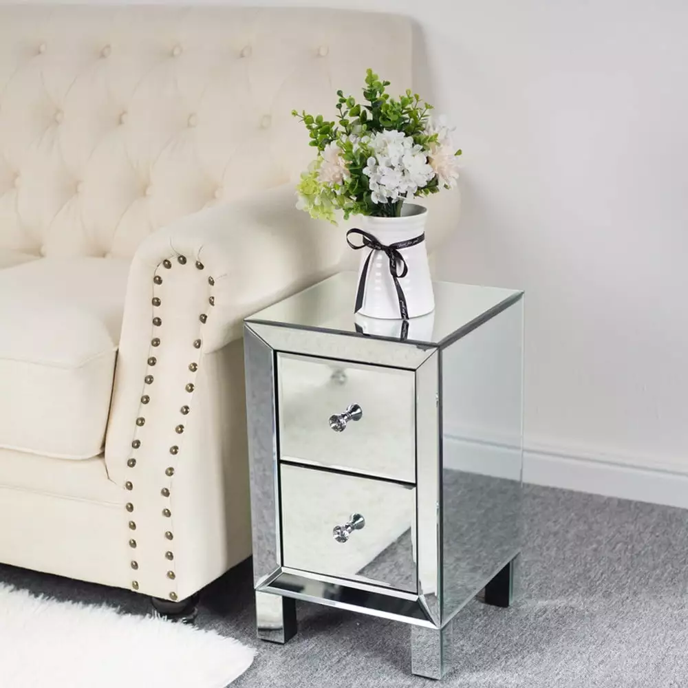 FCH Mirrored Glass Bedside Table Nightstand Two Drawers End Table Silver