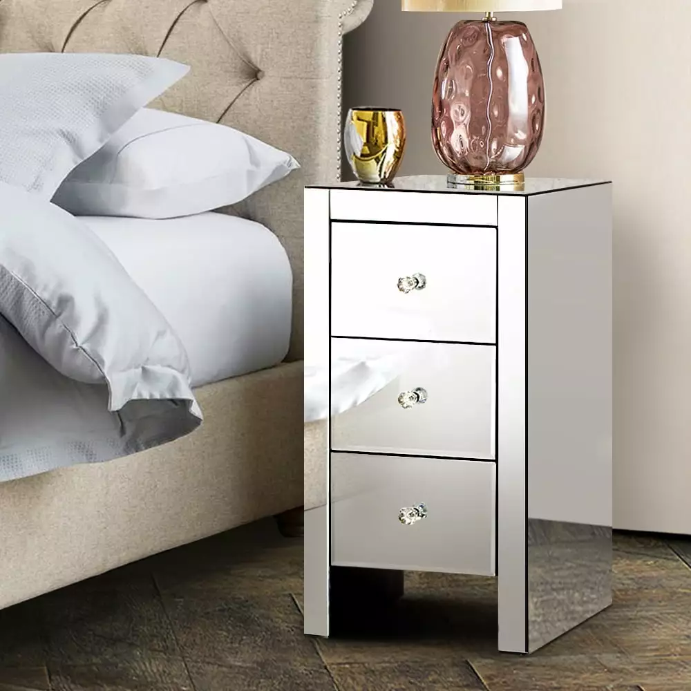 Zimtown 3-Drawer Mirrored Nightstand End Tables Bedside Table Bedroom Living Room Silver FCH