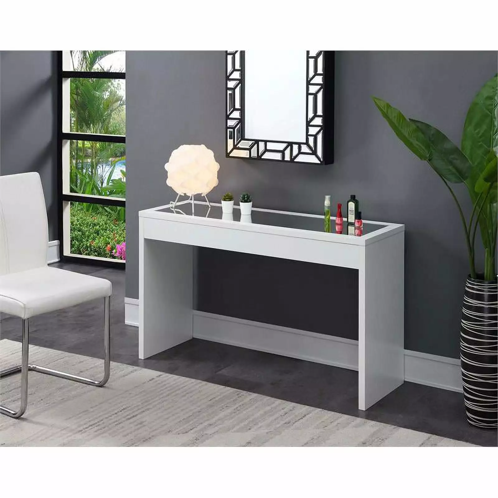 Pemberly Row Transitional Mirrored Console Table White Wood Finish Entryway Living Room Console