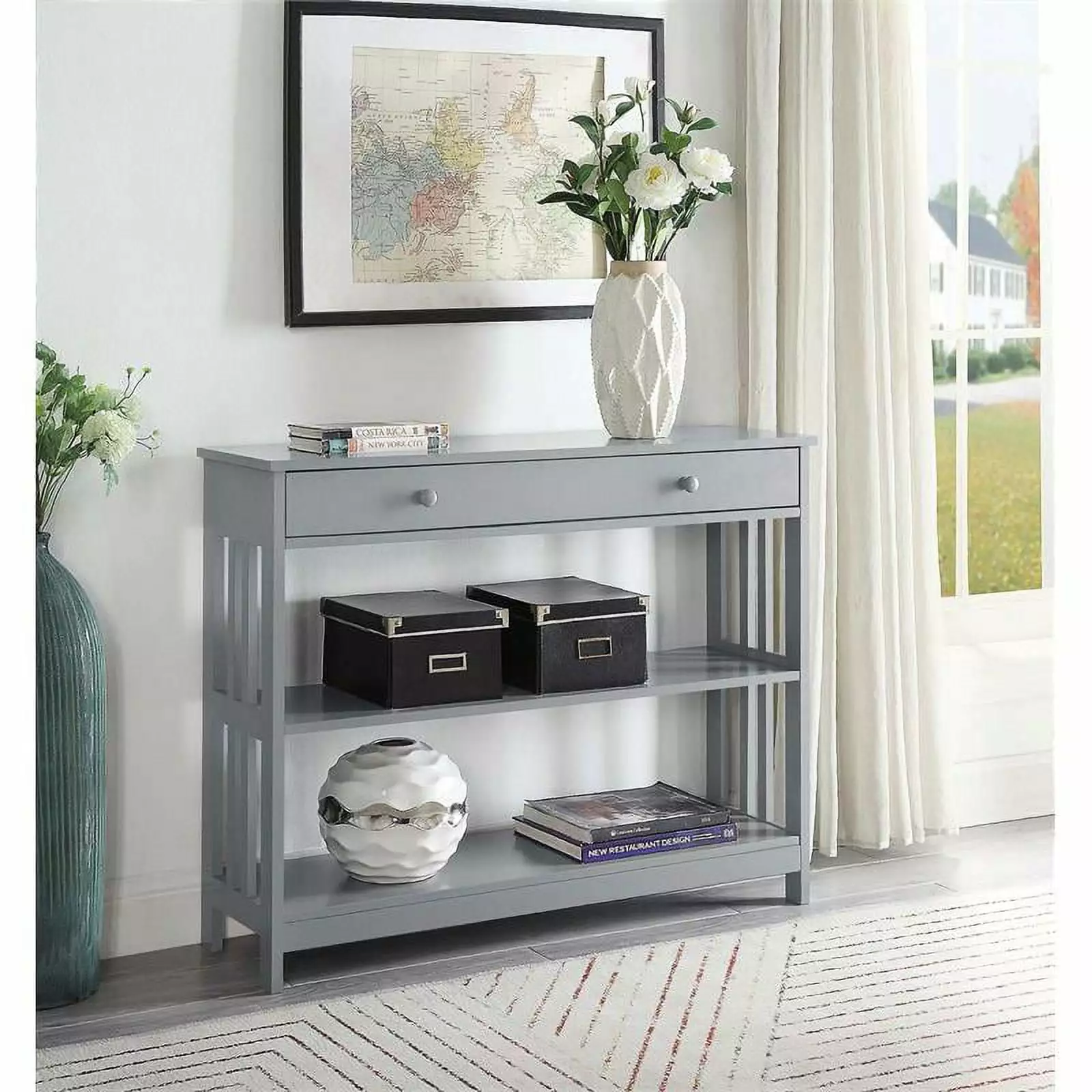Pemberly Row Transitional Mission One-Drawer Console Table Gray Wood Finish Entryway Console