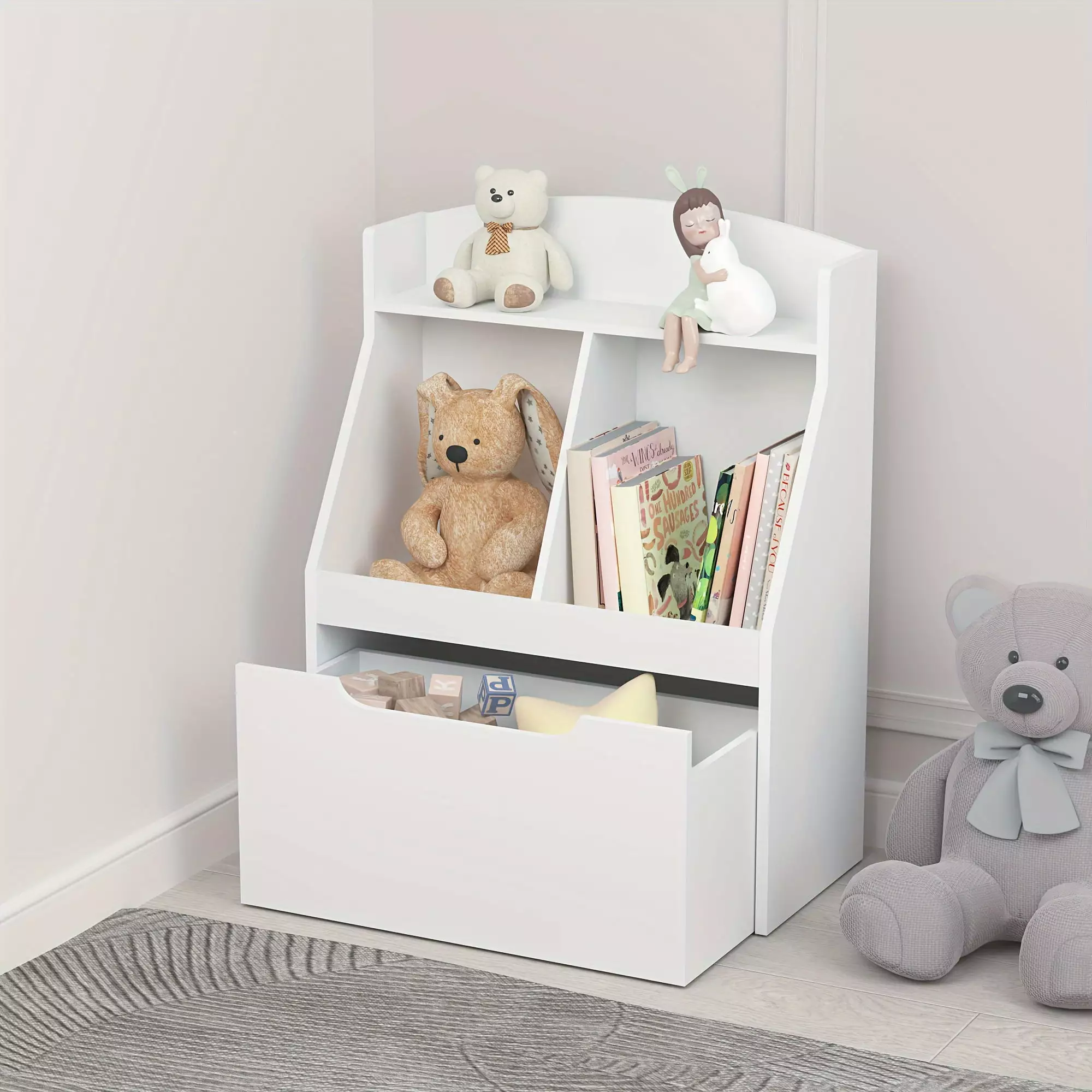Kids Bookshelf Drawer and Wheels Children's Book Display Toy Storage