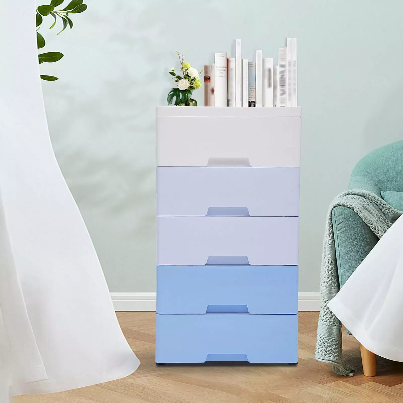 SHZICMY 5-Tier Drawers Dresser Storage Cabinet Wheels Clothes Toys Books Gradient Blue