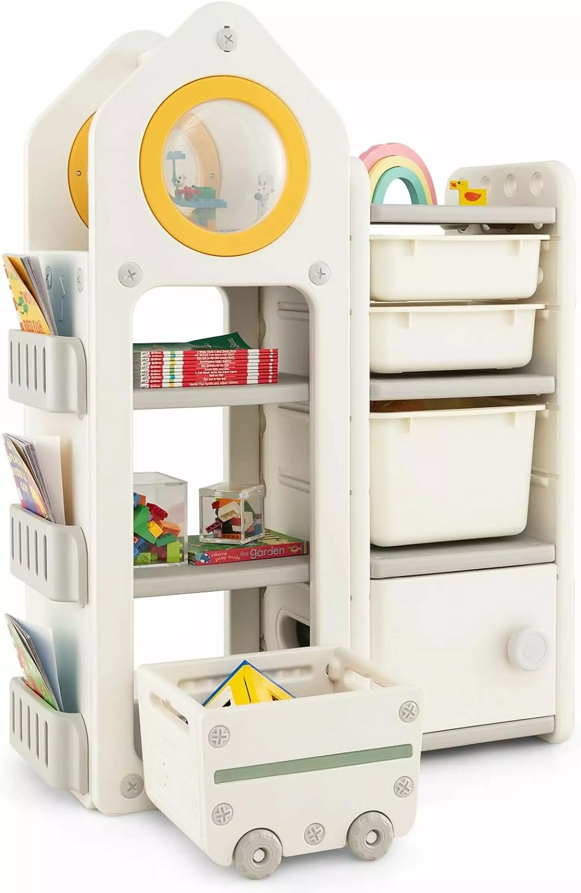 FJU Kids Bookshelf and Toy Storage Organizer - Multipurpose Bookcase Mobile Trolley and Storage Bins Playroom, Bedroom, an...