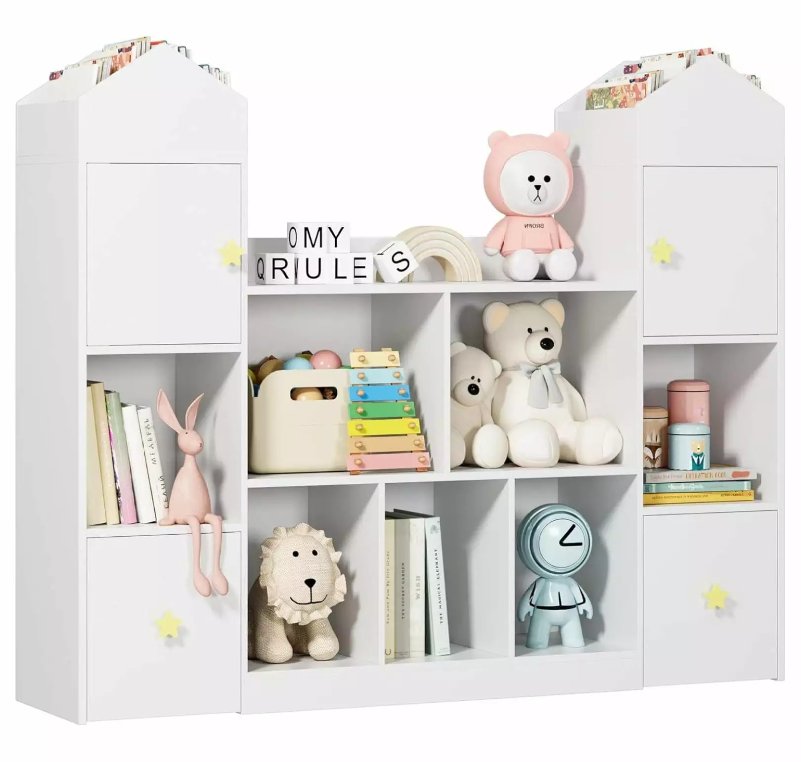 54.5 Inch Toy Storage Organizer 9 Cubbies 2 Drawers Kids Bookshelf Hidden Wheels MAQING