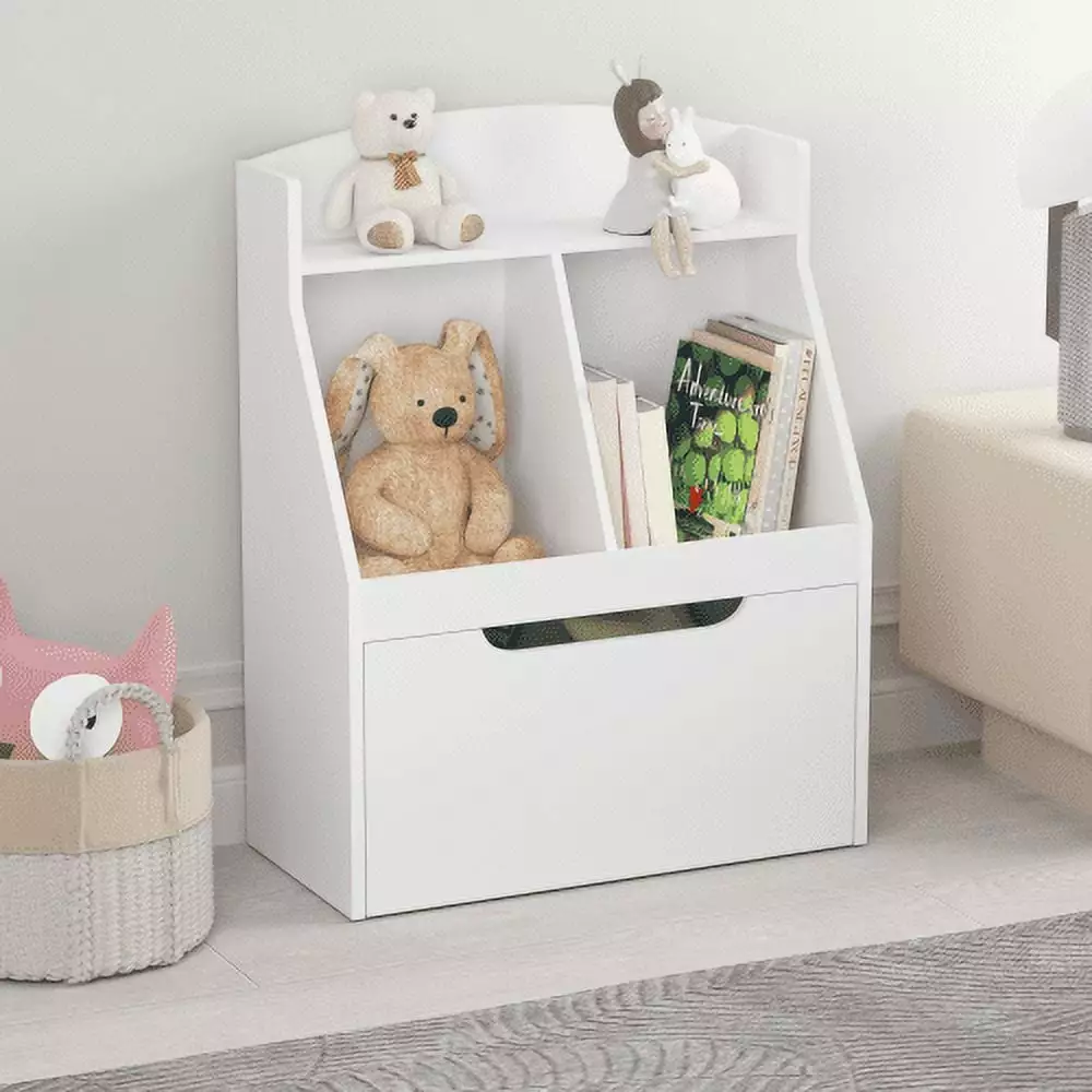 Kids Bookshelf Drawer and Wheels Children's Book Display Wooden Bookcase Toy Storage Cabinet Organizer White Hypeshops