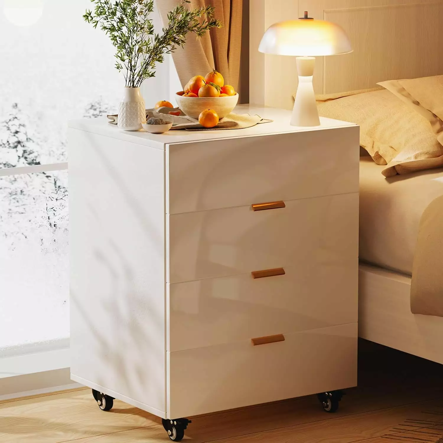 4 Drawer Wood Storage Dresser Cabinet Wheels Mobile Nightstand Bedroom Office White Lolita Lempicka