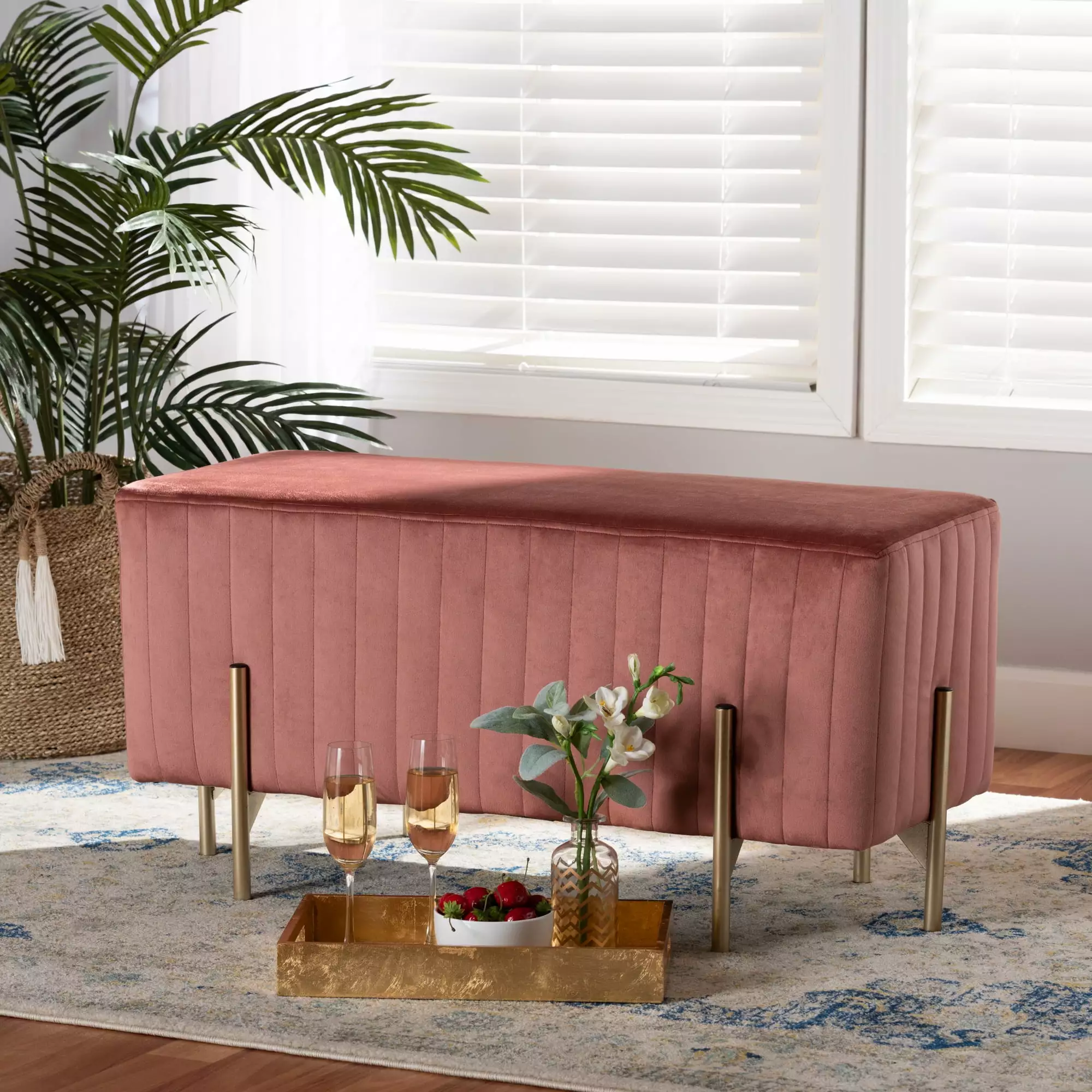 Baxton Studio Helaine Upholstered Bench Metal Legs Blush Pink Fabric Benches