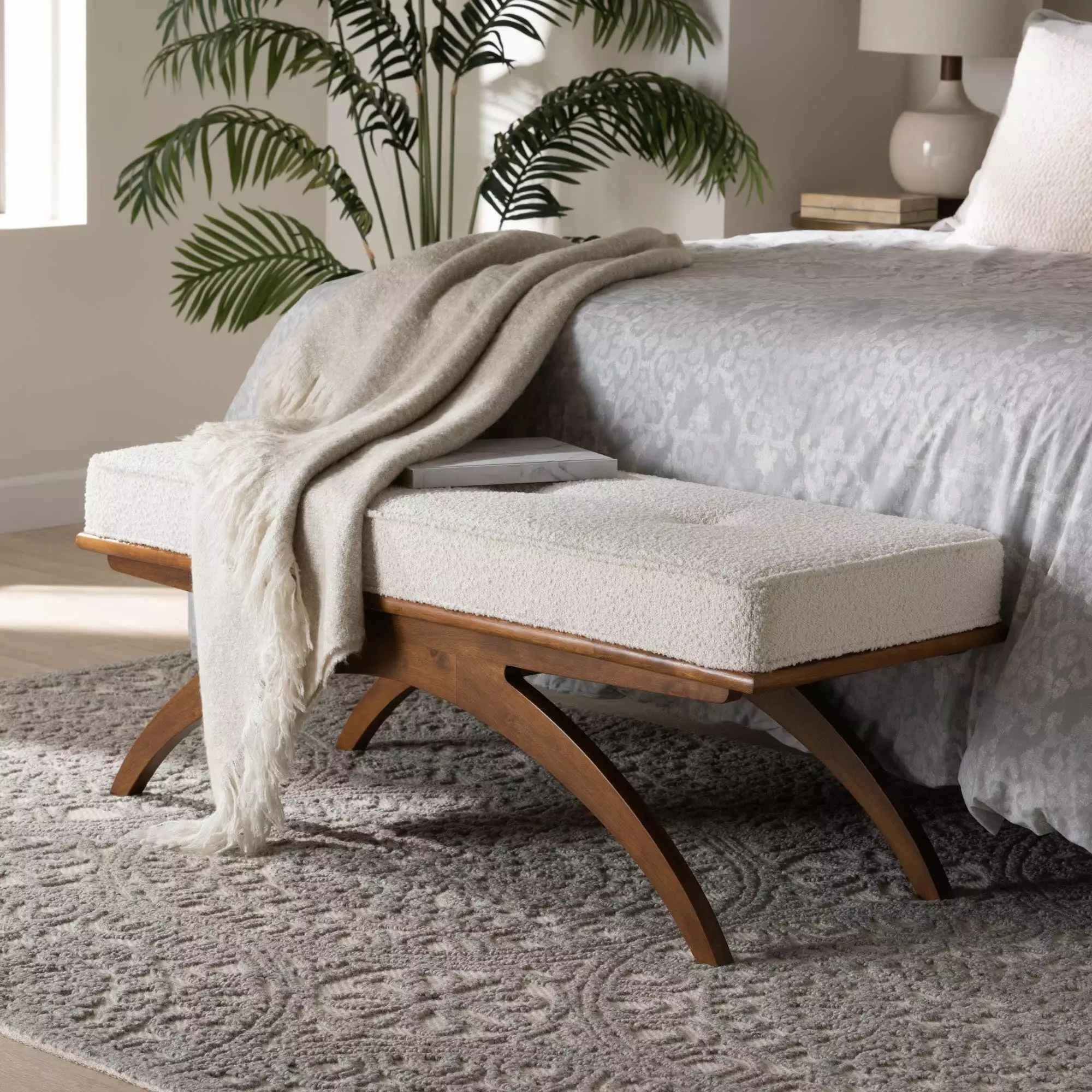 Baxton Studio Orella Japandi Cream Boucle Fabric and Walnut Brown Wood Bench Benches