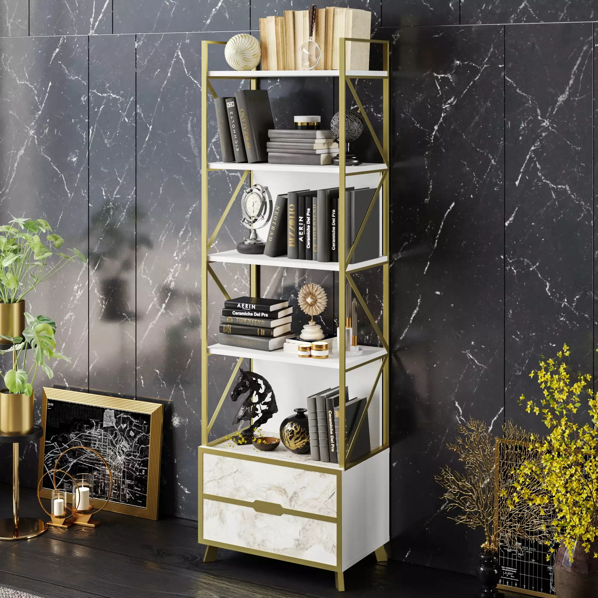 Frida 60 5 Open Shelves Bookcase Ephesus Marble Gold Decorotika