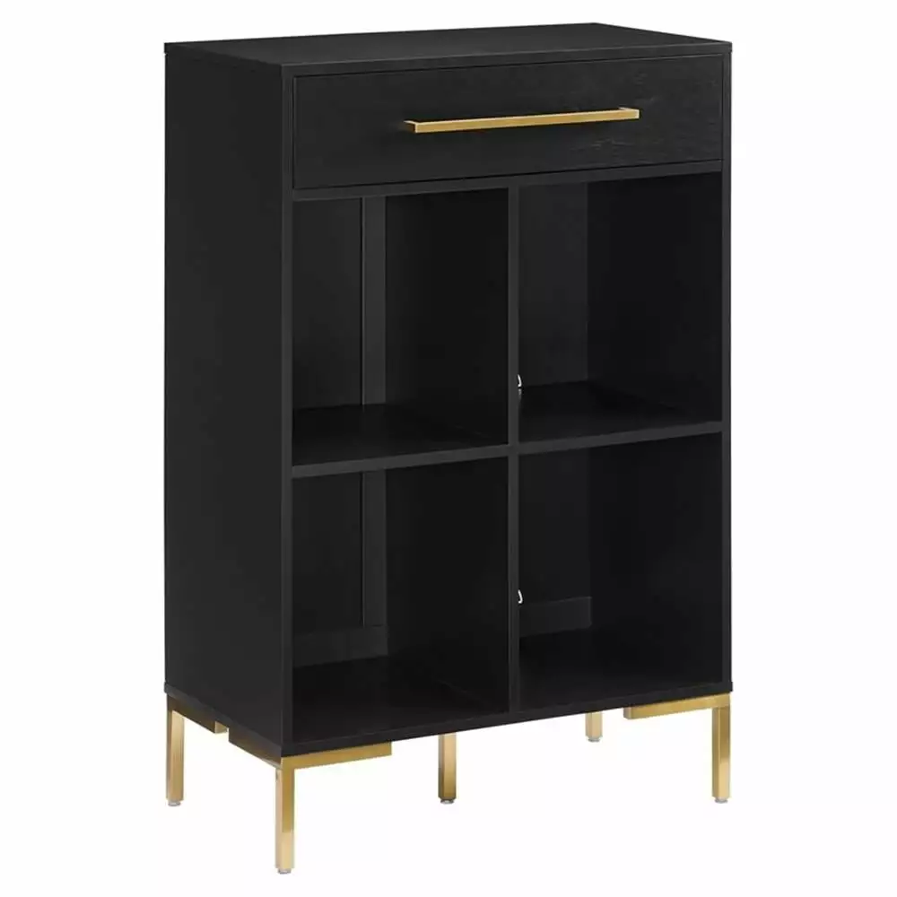 Pemberly Row 4-Shelf Modern Wood Steel Storage Bookcase Black Gold