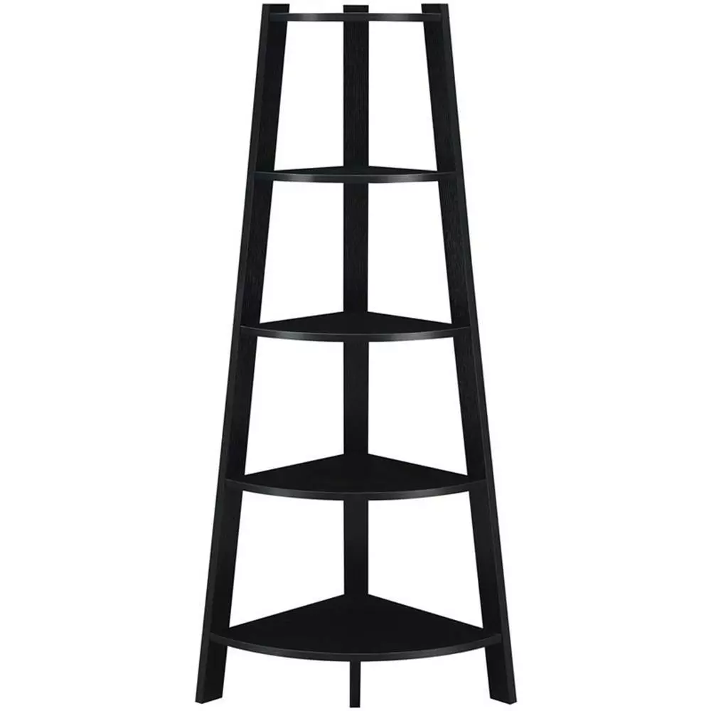 Pemberly Row Modern 5-Tier Wide Corner Bookcase Black Wood Home and Office