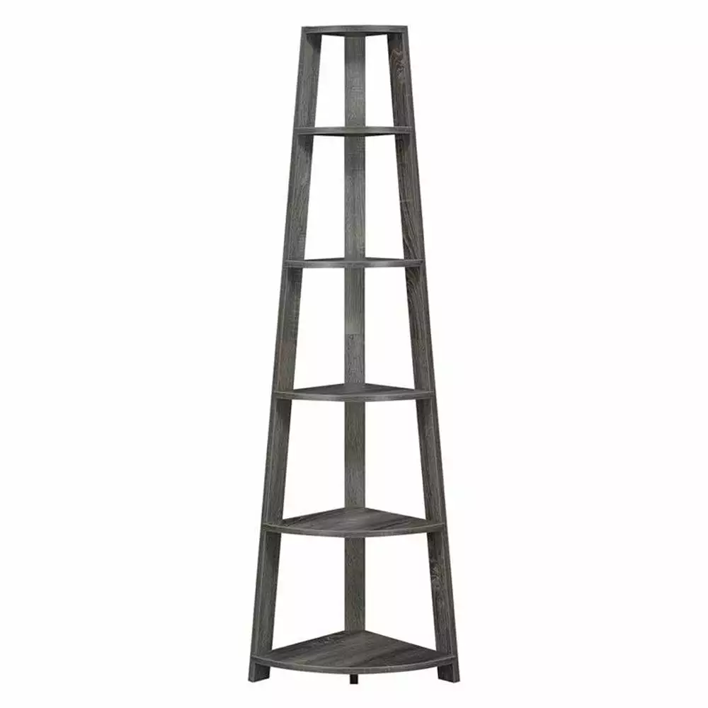 Pemberly Row Modern 5 Tier Corner Bookcase Gray Wood Finish Storage Shelf Living Room Home Office