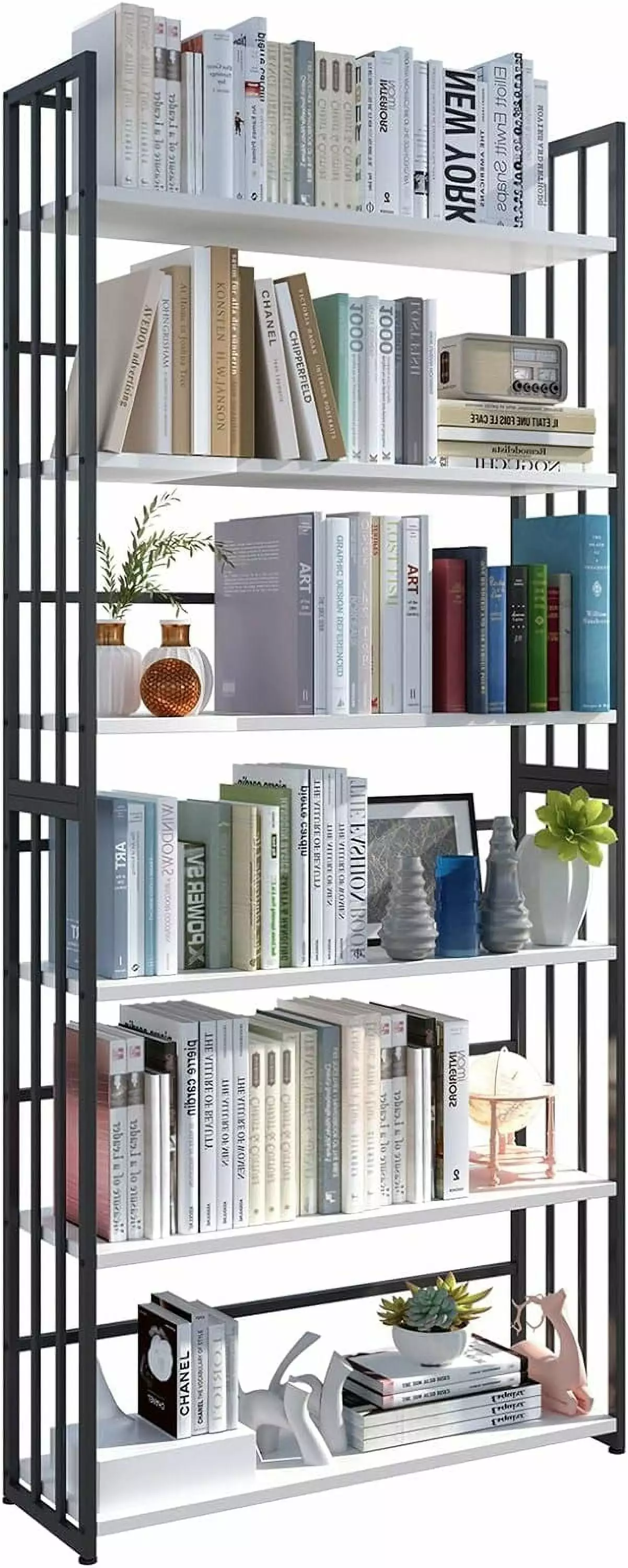 Modern 6-Tier Library Bookcase - Black Metal Frame White Shelves Free Standing Bookshelf Side Fence Home Office DONFU