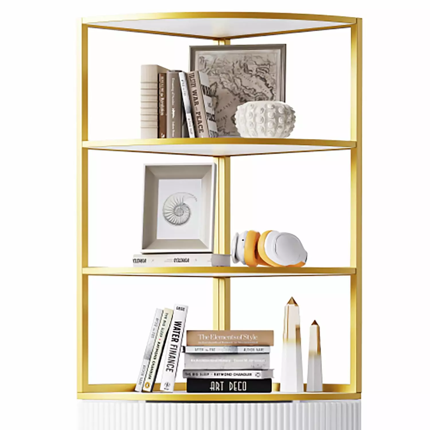 Kepooman 74.8 Tall Modern Fan-Shaped Corner Bookshelf 1 Drawer 2 Doors Wooden Standing Shelf Gold Metal Frame White