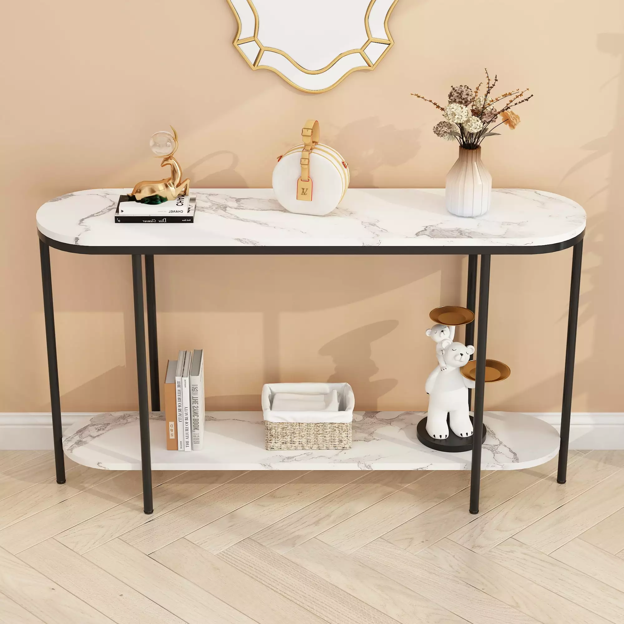 ABC Elegant 2-Tier Narrow Console Table Faux Marble Finish Stylish Storage Console