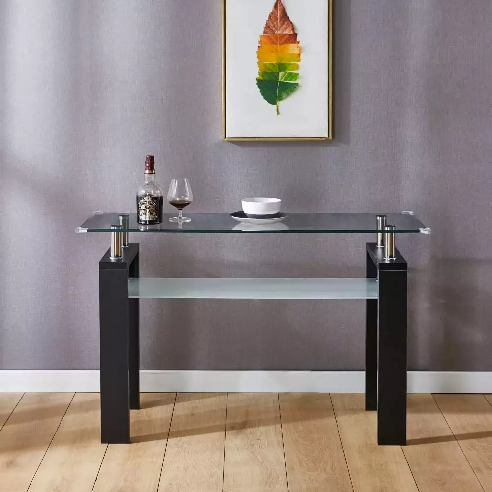 Black MDF Console Table Tempered Glass Top Modern Foyer Area Table Console ApexGlow