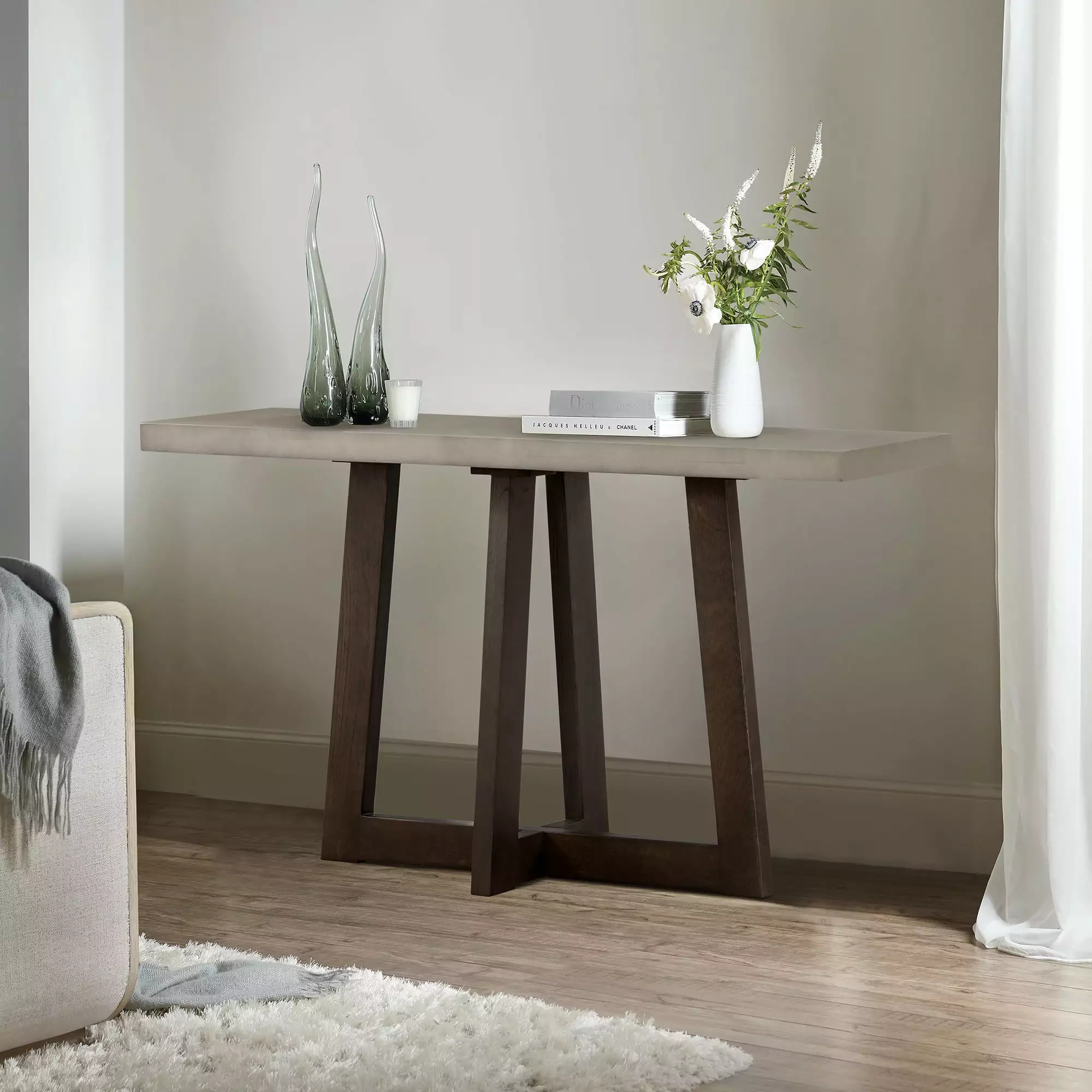 Armen Living Elodie Rectangle Modern Stone Console Table Gray Oak Console