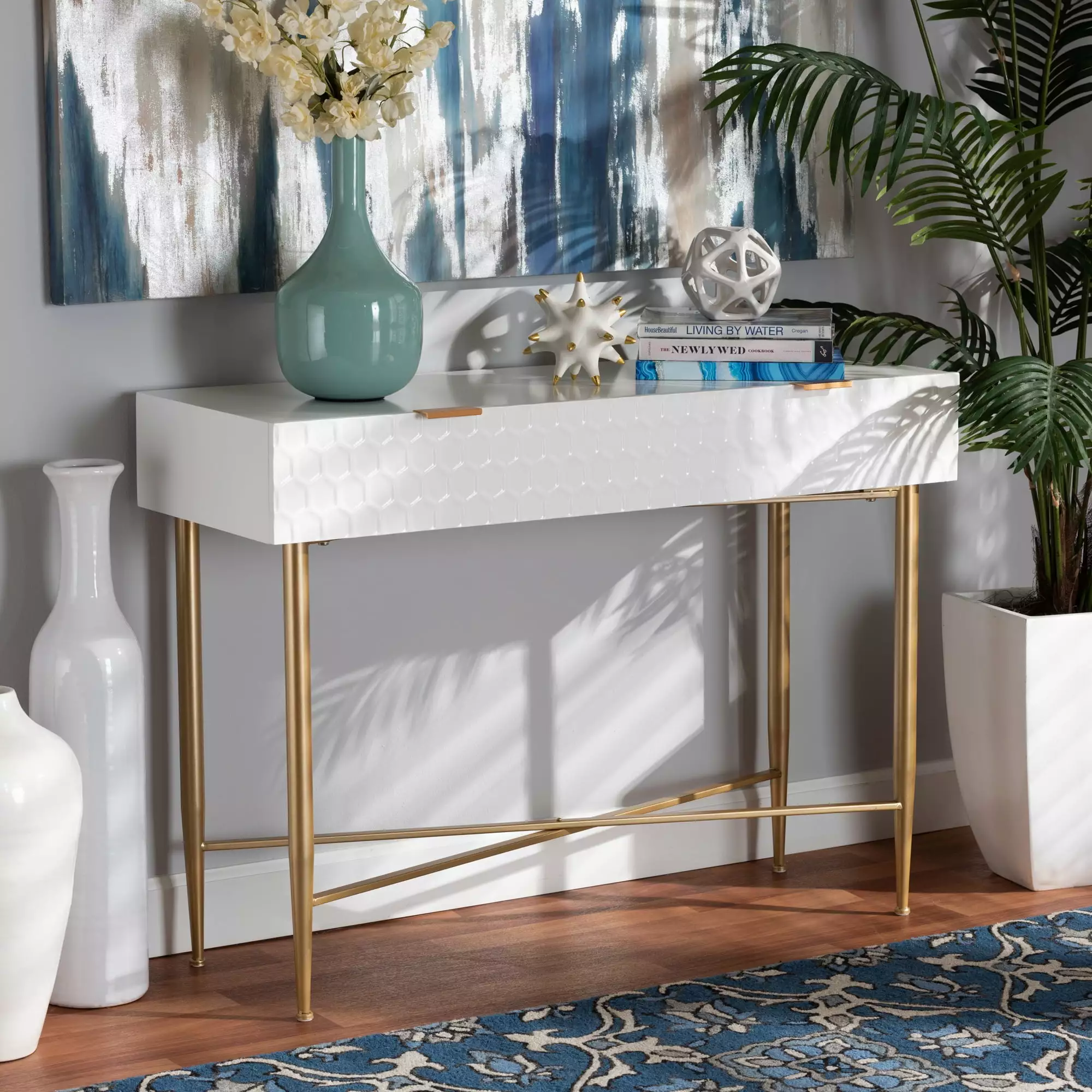 Modern White Finished Wood and Gold Metal 1-Drawer Console Table Baxton Studio Console