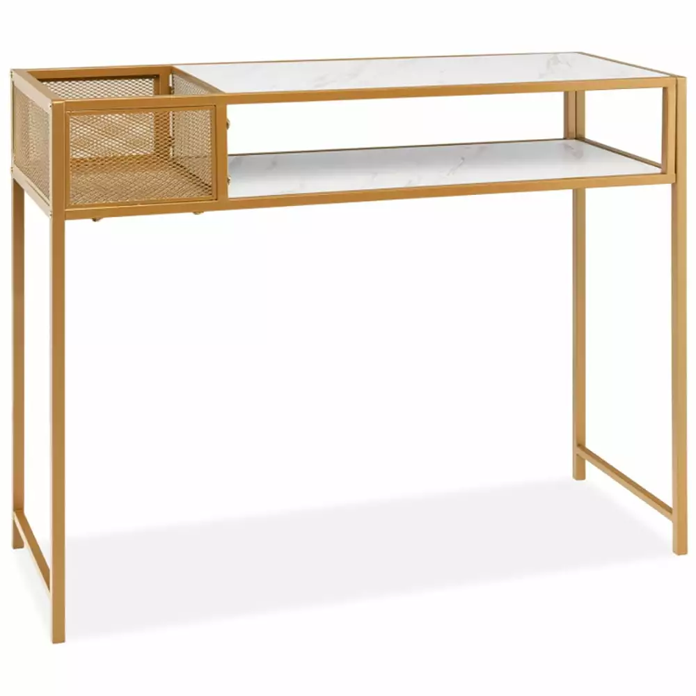 Canddidliike Faux Marble Console Table Wire Basket Hallway and Living Room White Console
