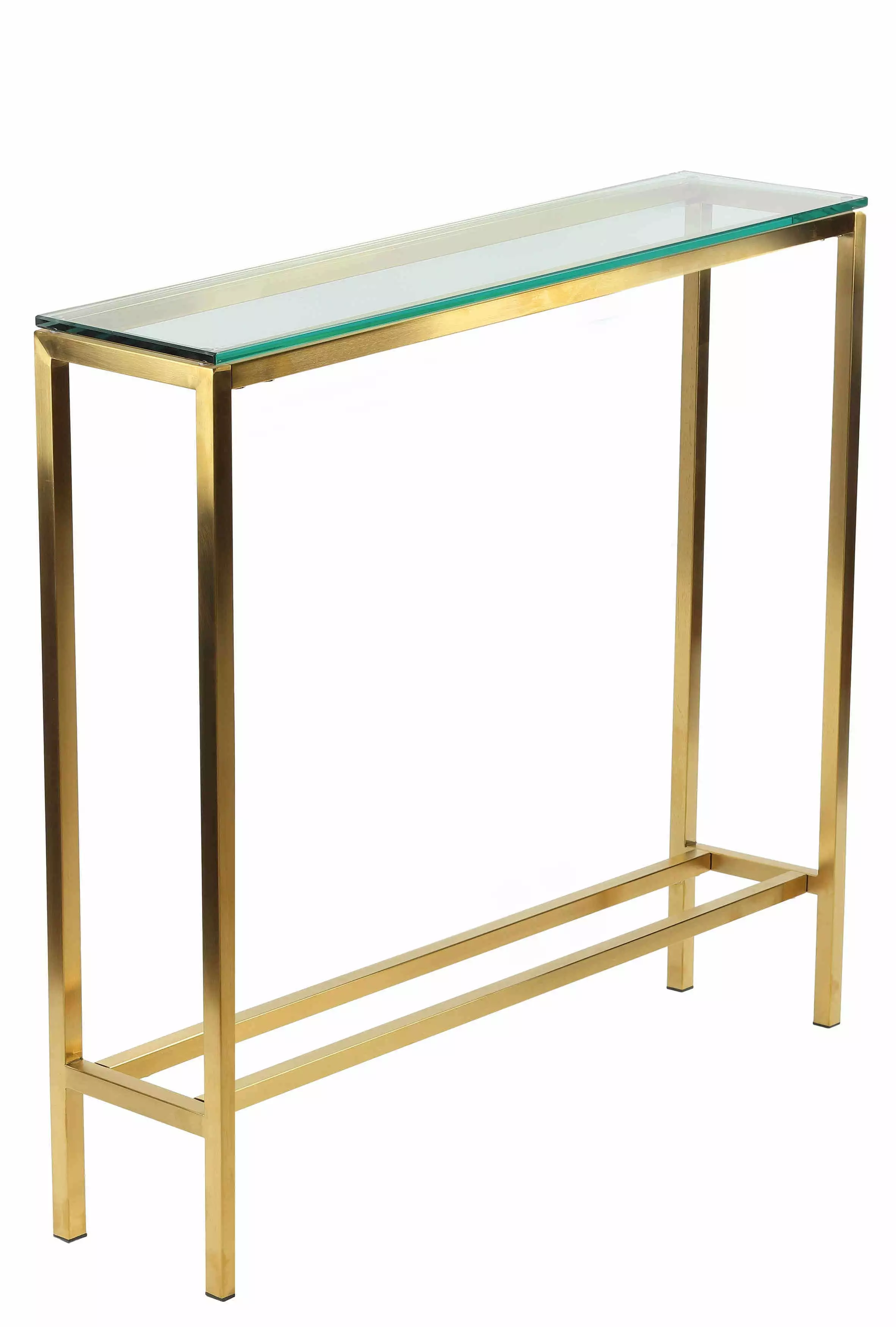 Brushed Gold Color Skinny Julie Console Table Clear 10mm Glass Cortesi Home Console