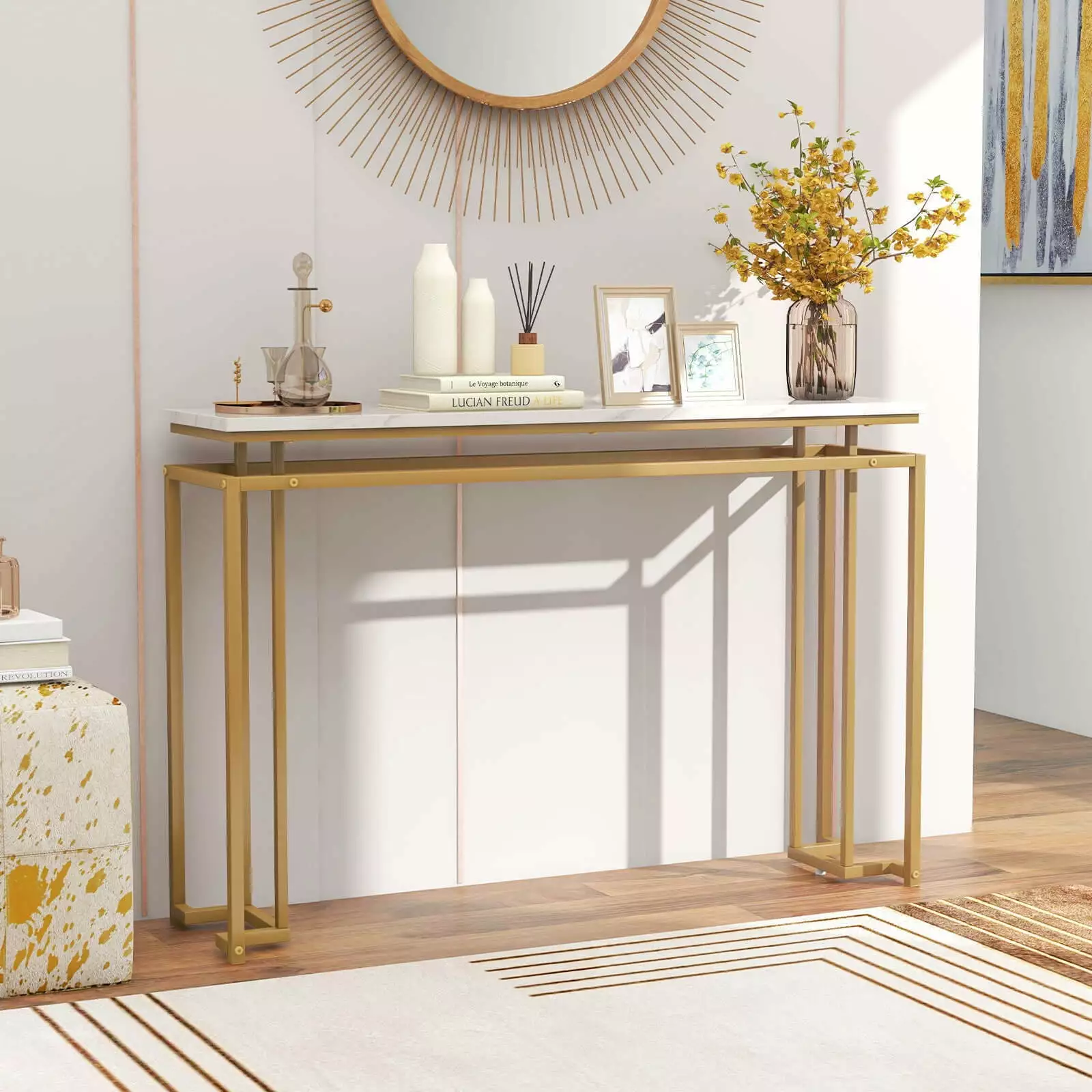Exdeerjoy 47 Inch Faux Marble Top Console Table Gold Heavy-duty Metal Frame Console