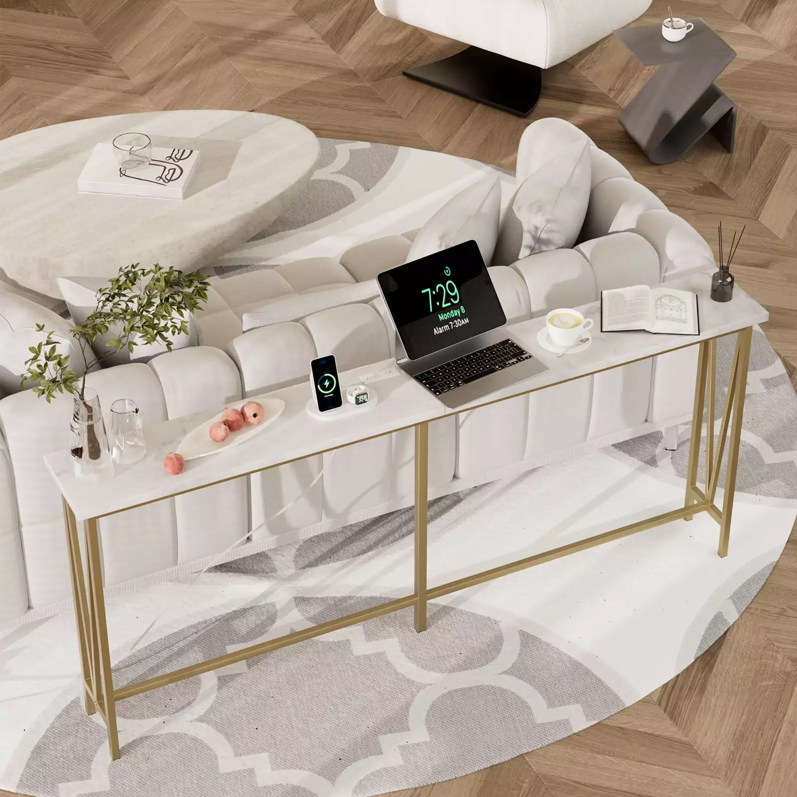 GOGRANT 72.8 Narrow Console Sofa Table Power Outlets Faux Marble MDF Long Couch Table Gold Metal Frame Entryway Table Console