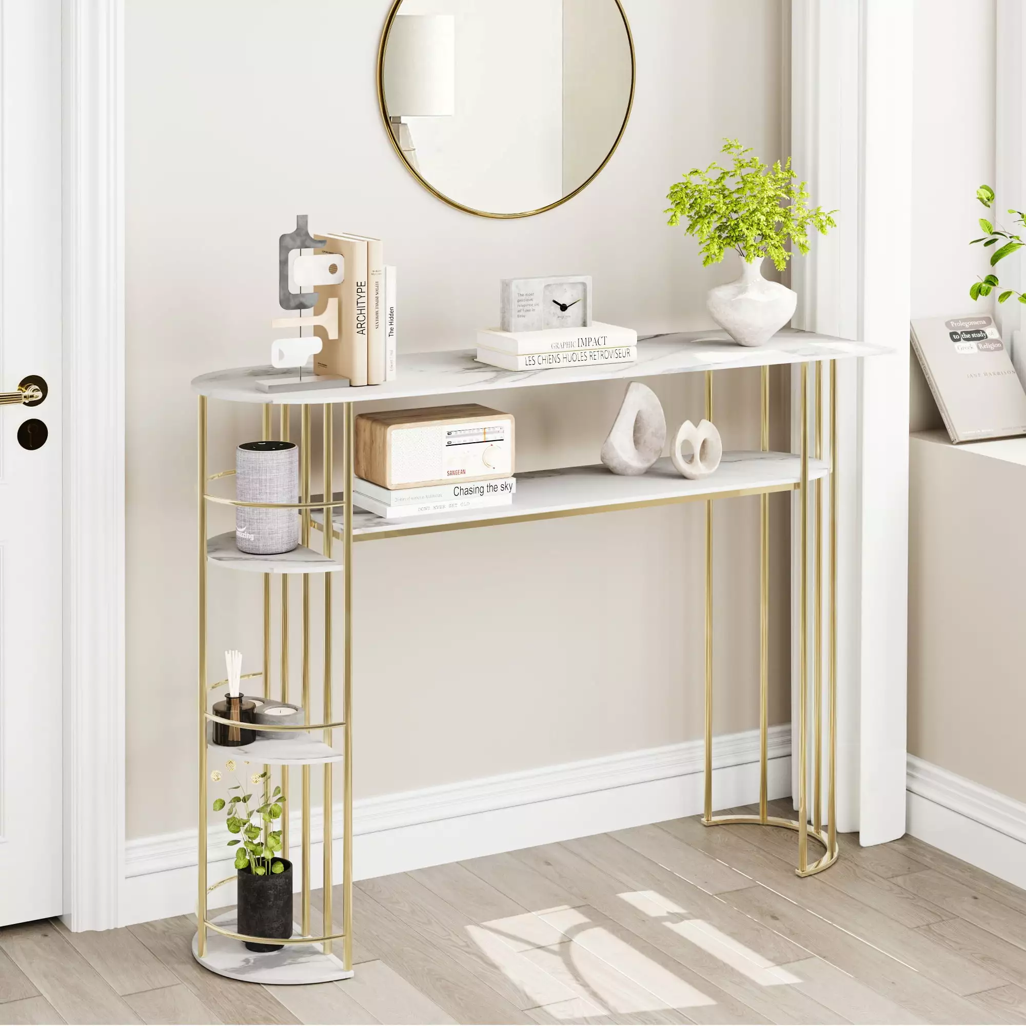 HOMEFAN Extra Long White and Gold Console Table Narrow Sofa Table Entryway Living Room Console