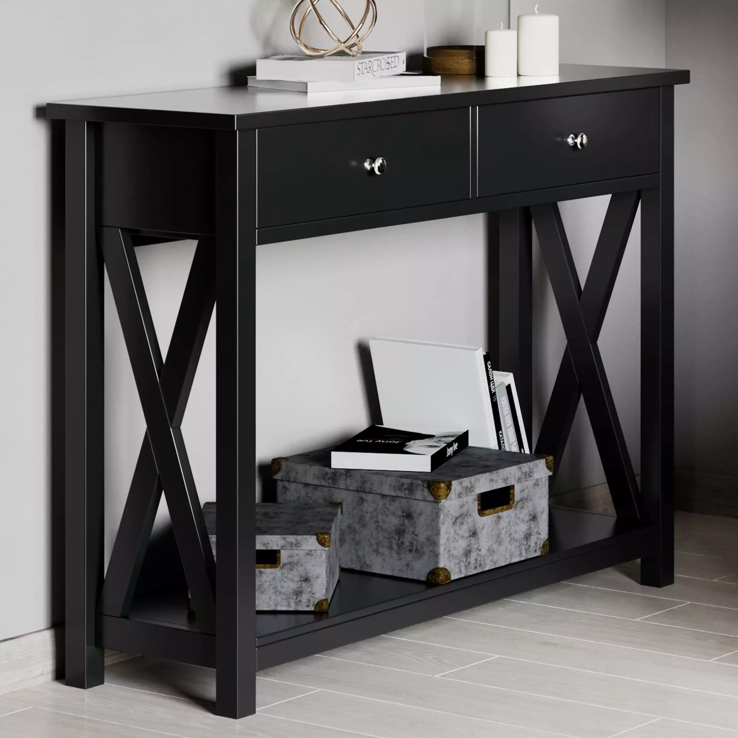 Lavish Home 2-Tier Console Table Two Drawers Storage Shelf and X-Braced Legs Black Console