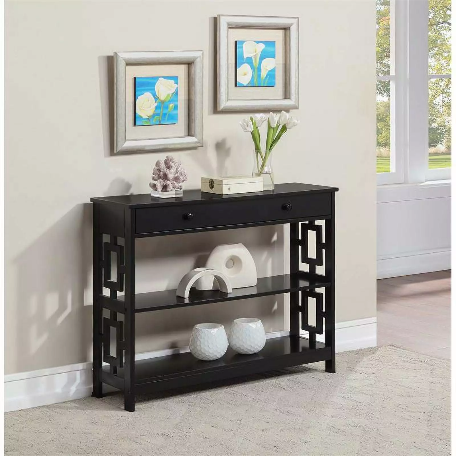 Pemberly Row Black Wood Finish Contemporary One-Drawer Console Table Console