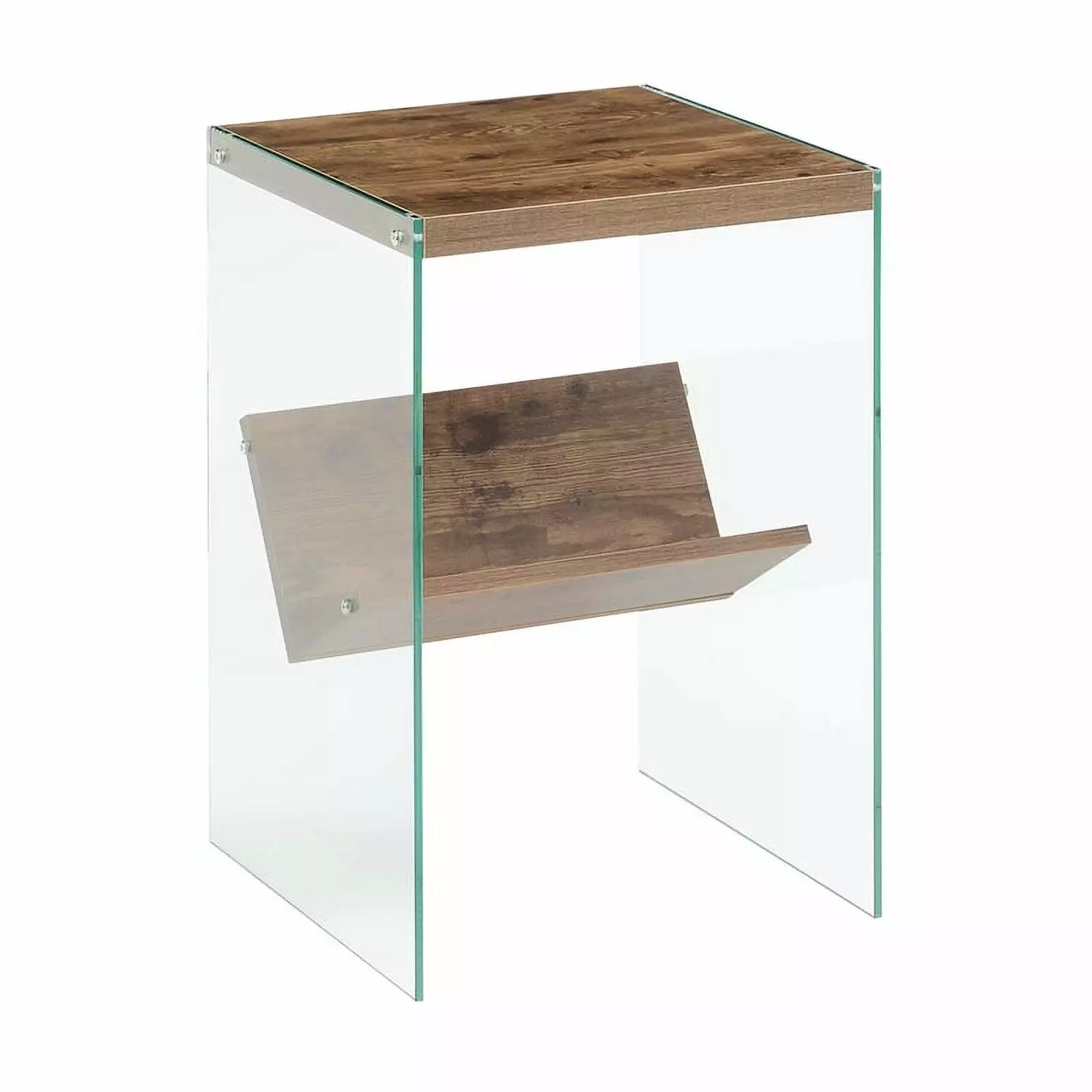 Pemberly Row V Console Table Shelf Nutmeg Wood Finish and Clear Glass Panels Console