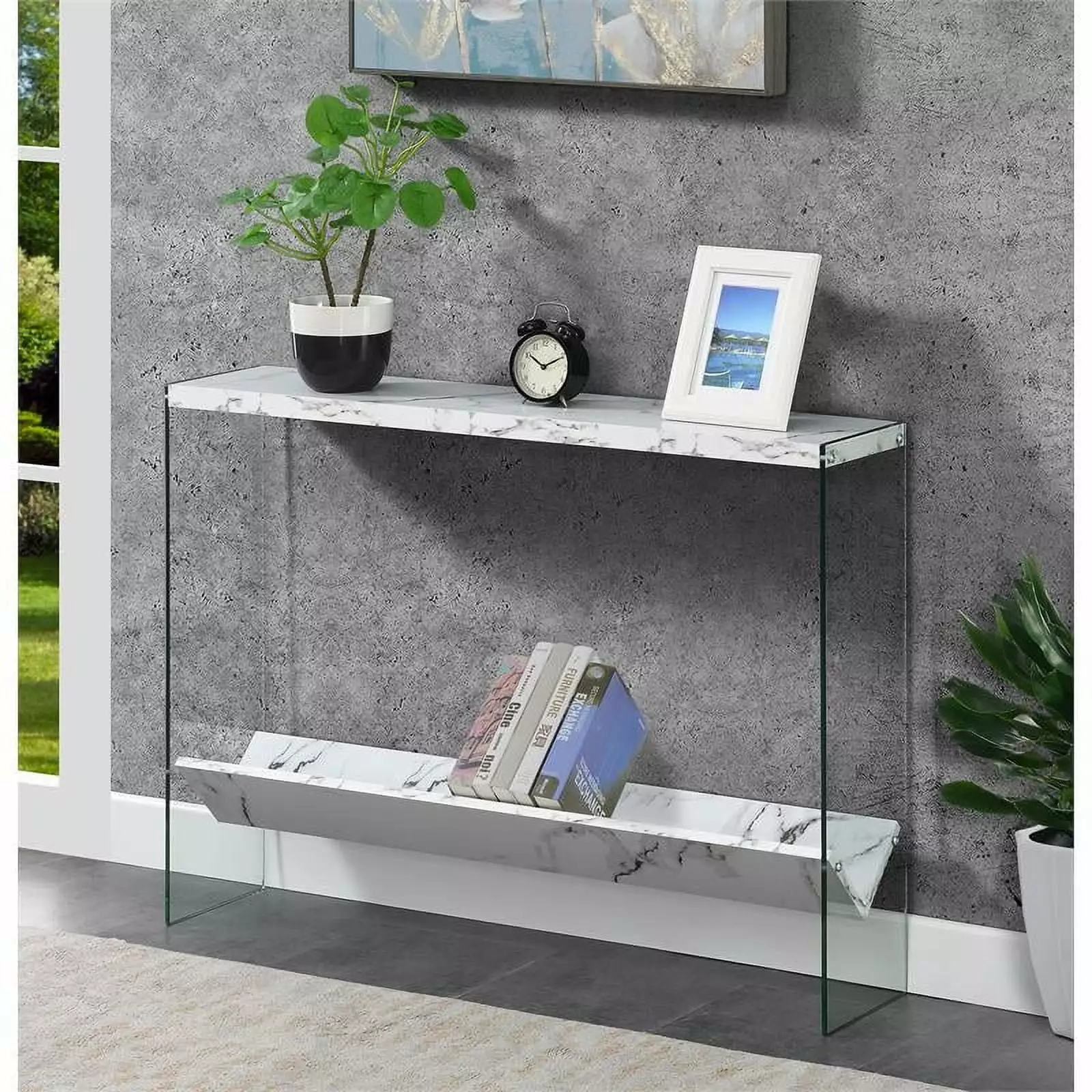 Pemberly Row Modern V Console Table Shelf White Marble Wood Finish Console