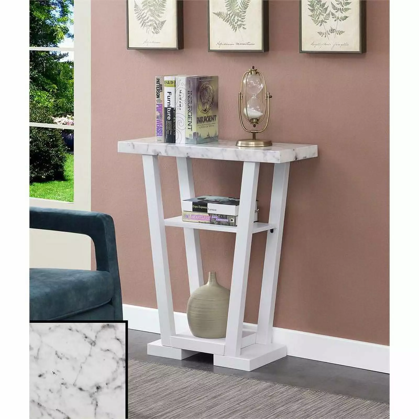 Pemberly Row Modern V Console Table White Wood and Faux Marble Top Console