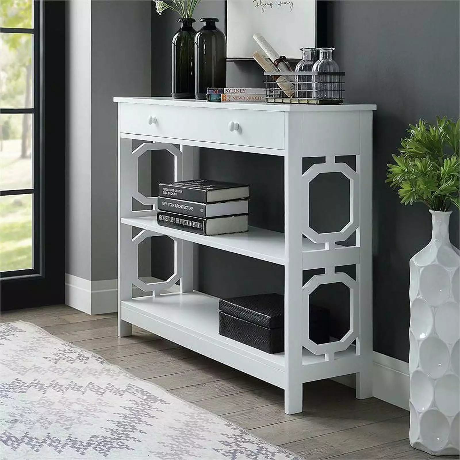 Pemberly Row White Wood Finish Contemporary Storage Console Table Console
