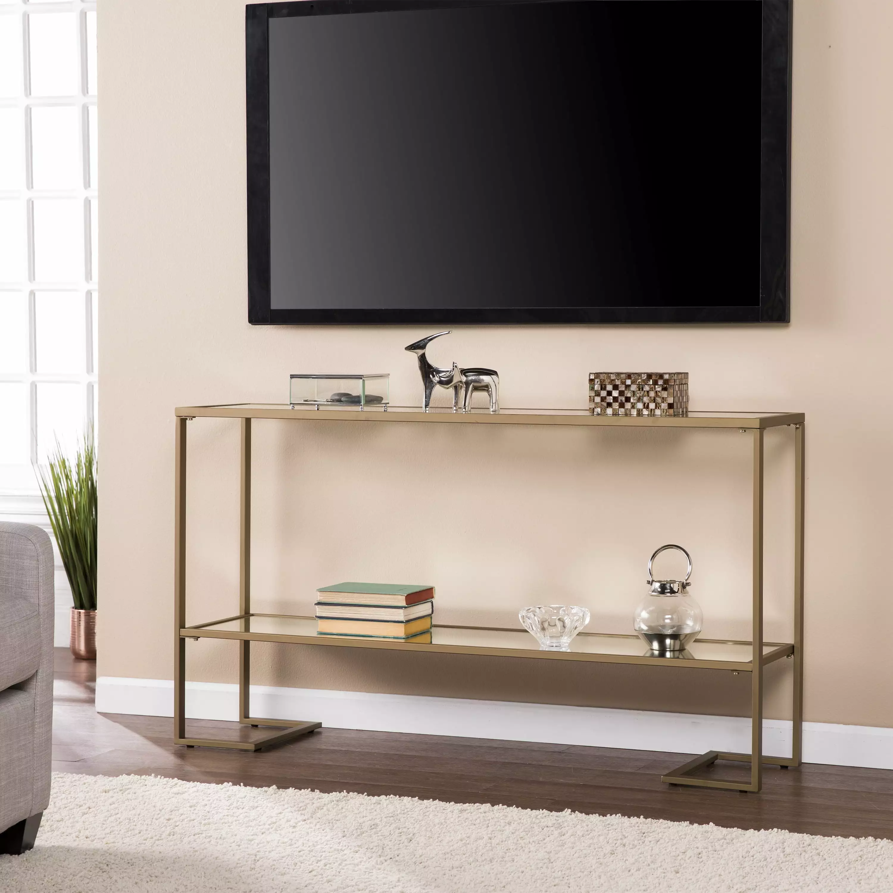 Hollo Glam Gold Narrow Console Table Mirror Accent Modern Design Console Southern Enterprises