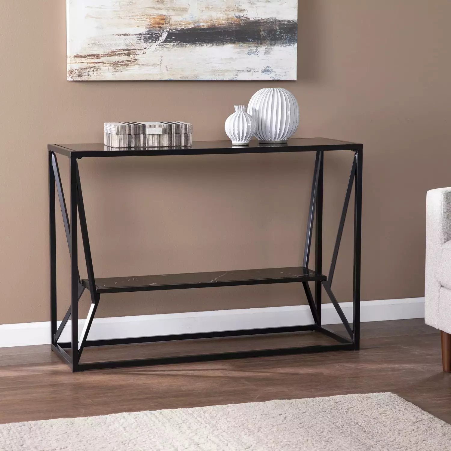 SEI Furniture Argall Metal Long Console Table Glass Top Black Console Southern Enterprises