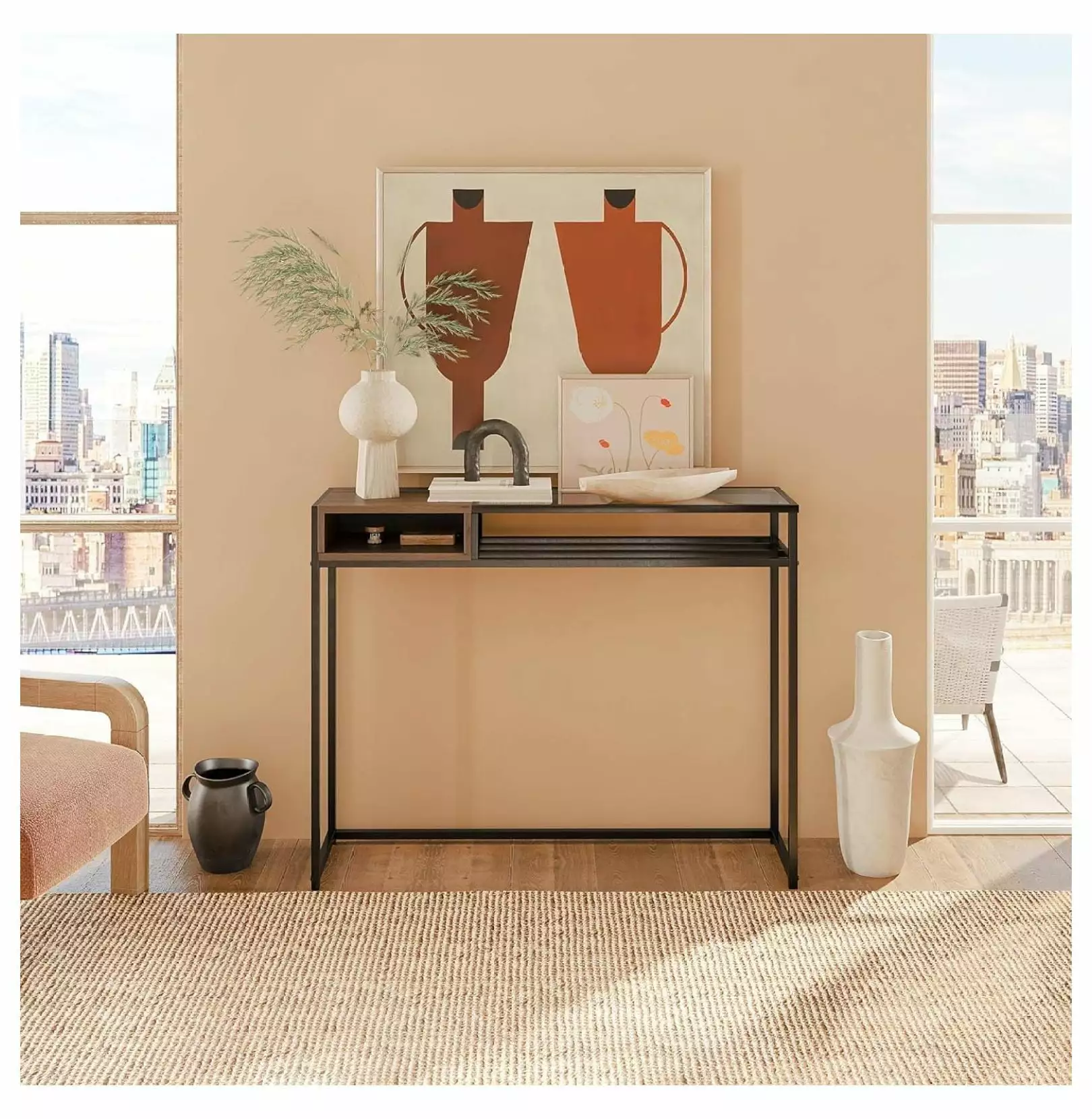 Superwum 43 Inch Timeless Entryway Console Table Geometric Metal Base and Glass Top Console