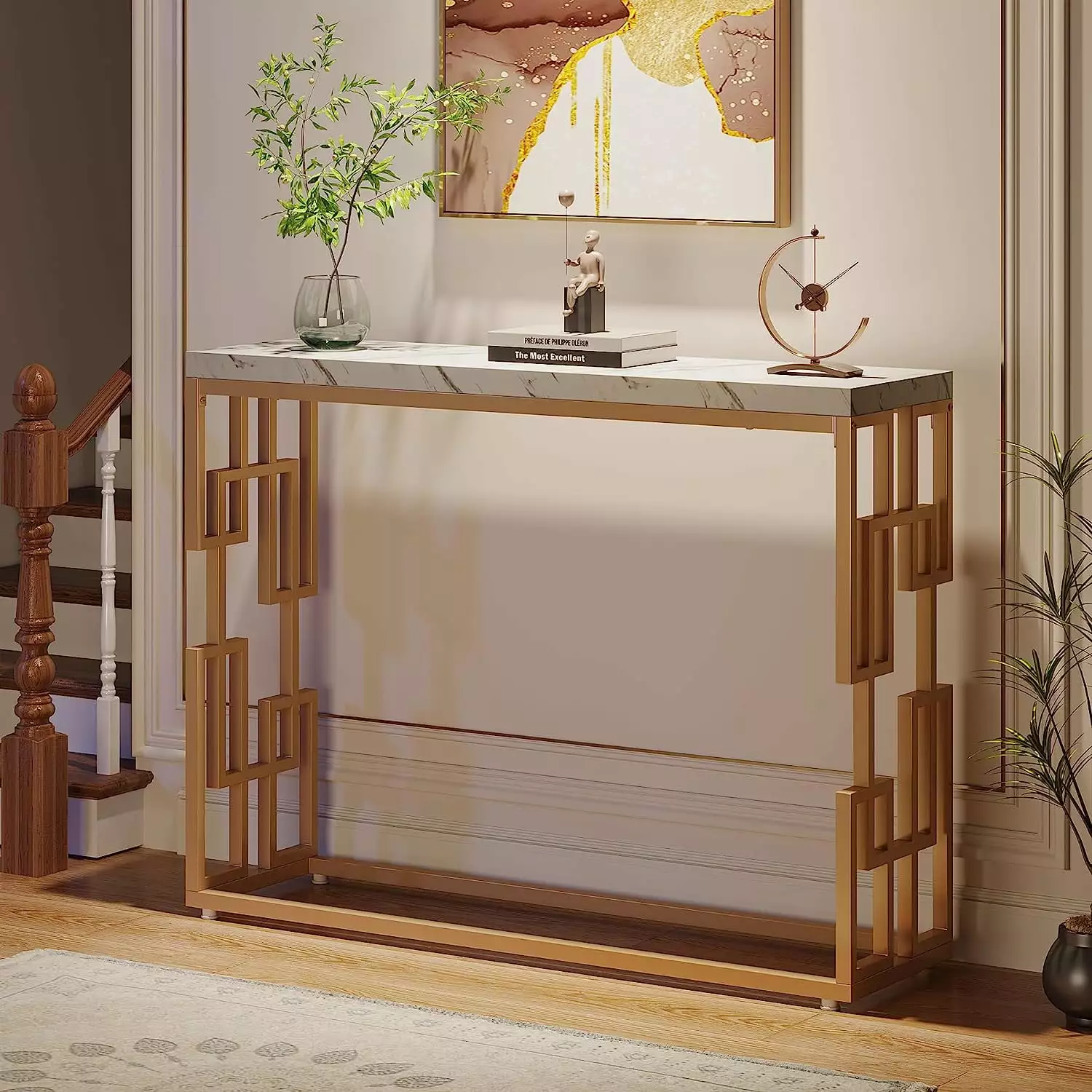 Tribesigns 42.5 Inch Gold Modern White Faux Marble Console Table Entryway Living Room Console